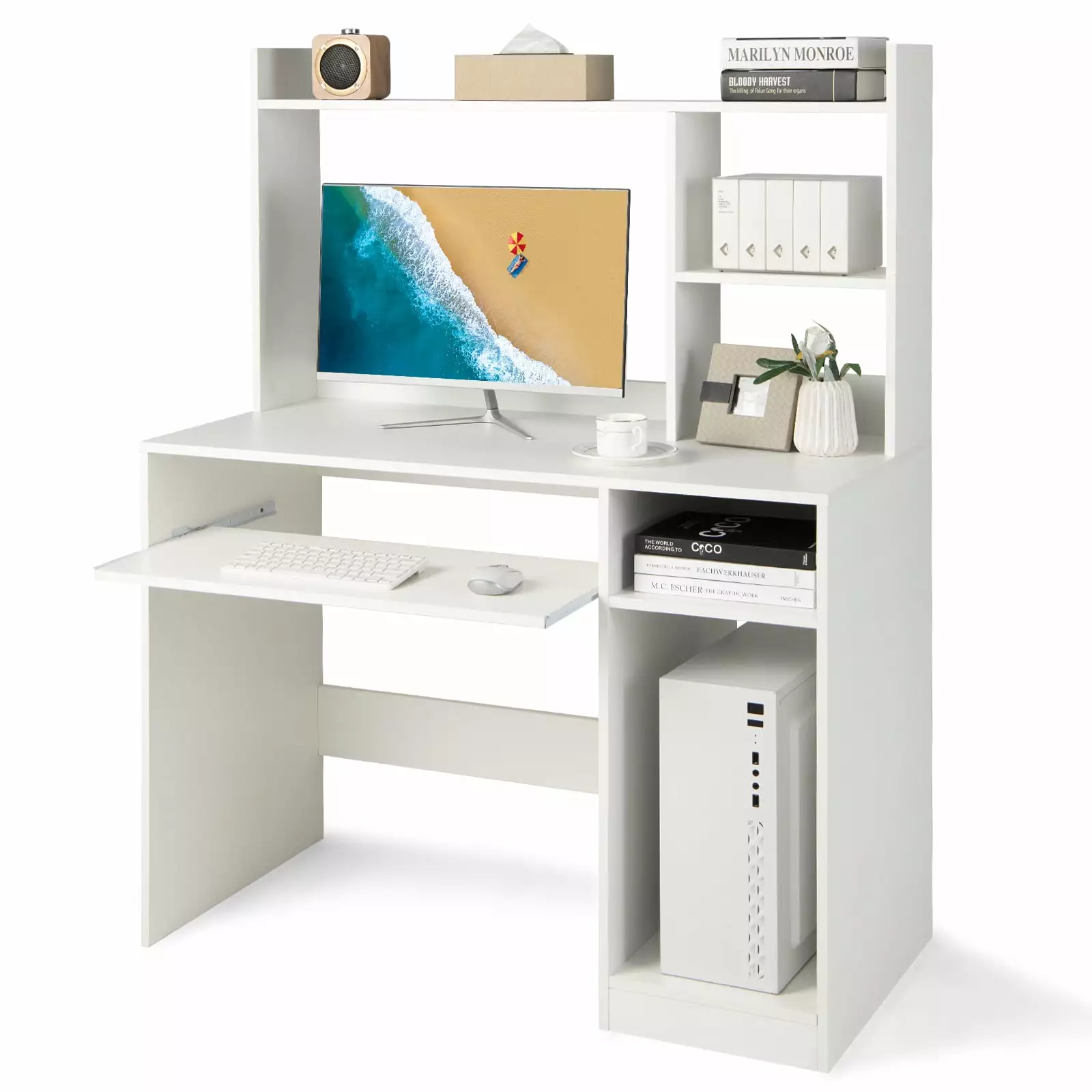 Fonirra Computer Desk Cabinet Home Office Desk Storage Open Shelves Modern Laptop PC Desk White