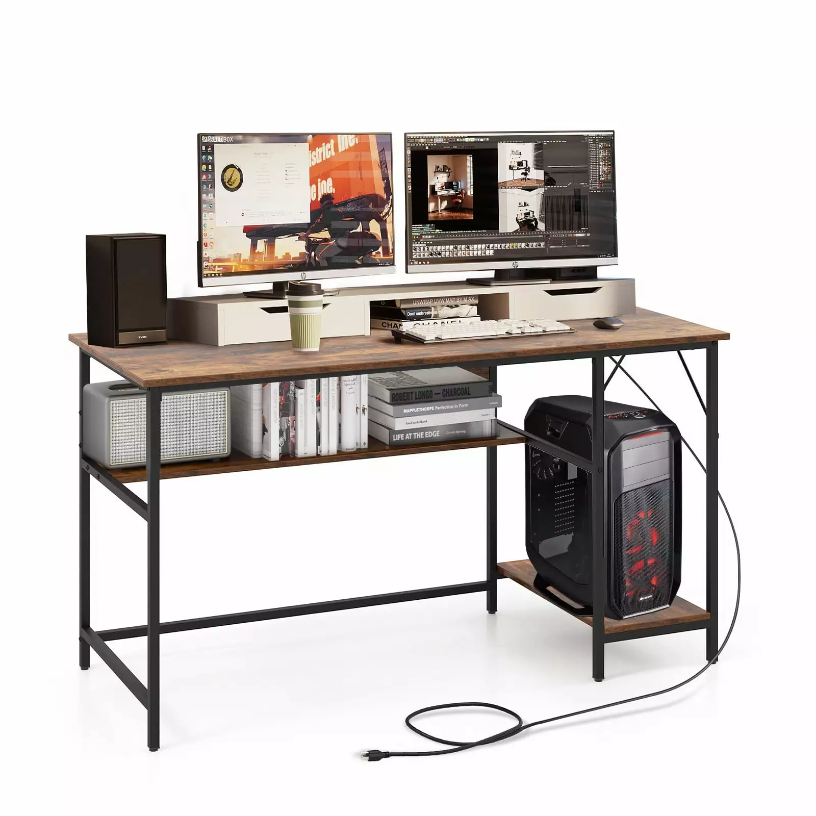 FONIRRA Rustic Brown 55 Inch Home Office Computer Desk 4 Power Outlets USB Ports and Keyboard Tray