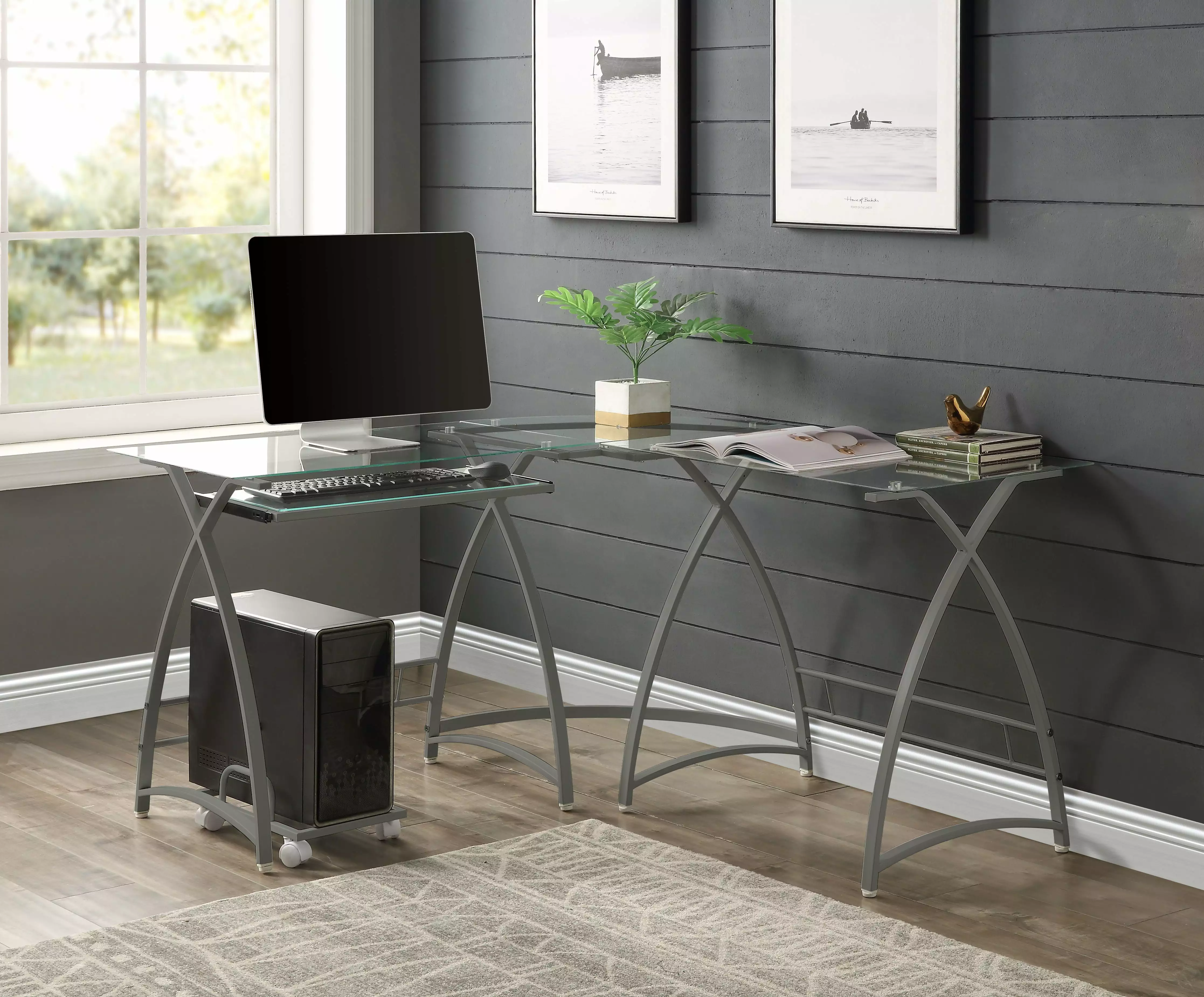GeeHome Dazenus Clear Glass and Silver Finish Computer Desk OF00041 Home Office