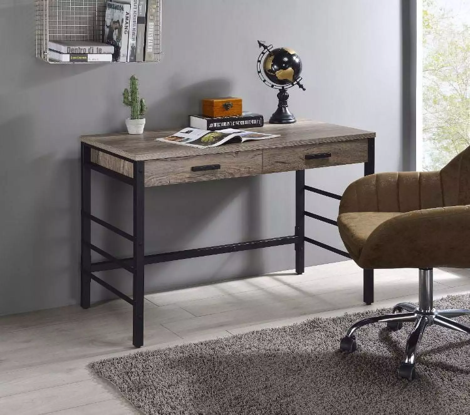 GeeHome Disho Writing Desk Built- USB Port Light Weathered Oak Black Finish