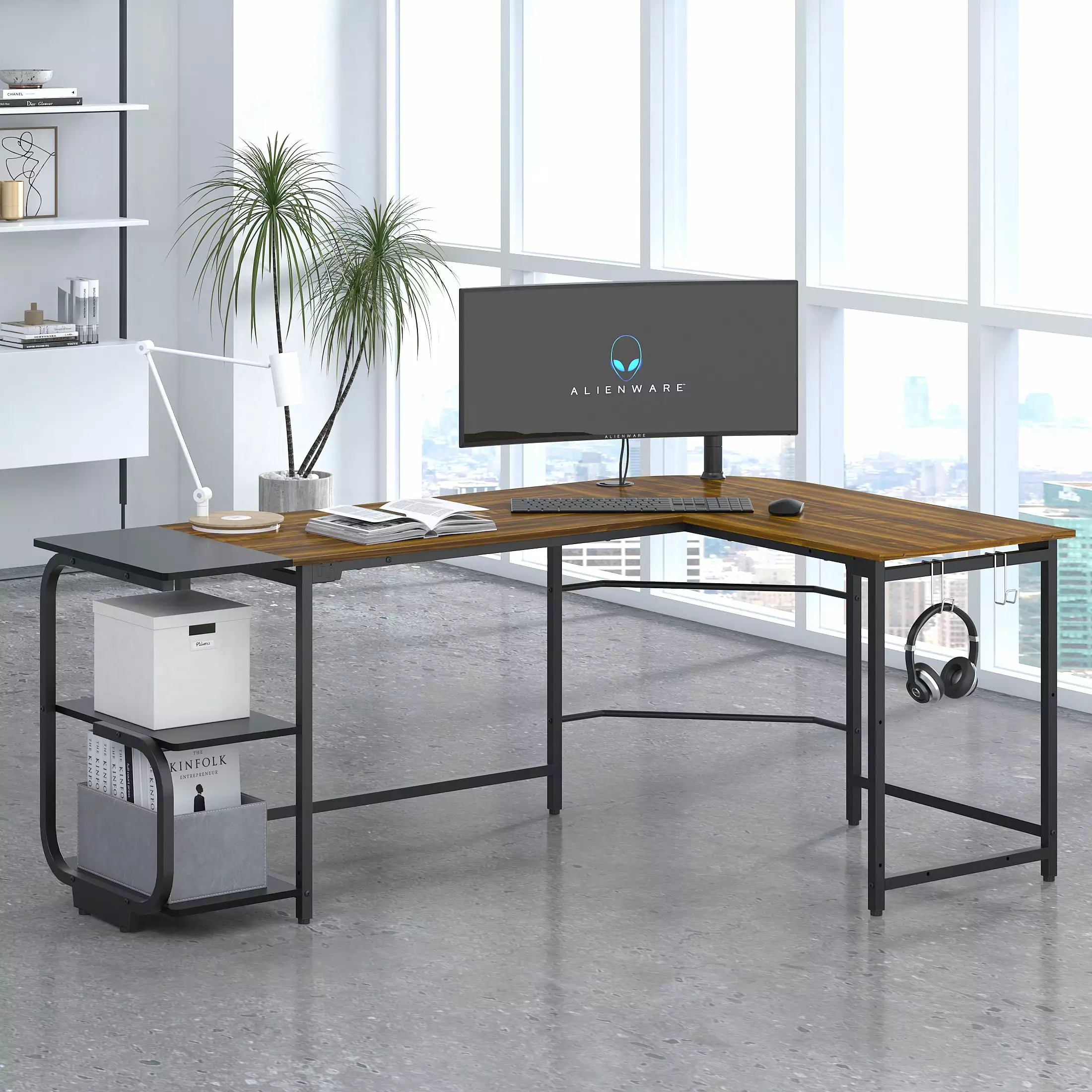 GEZEN 70 Inch L Shape Computer Desk 2-tier Bookshelf Storage Teak Brown