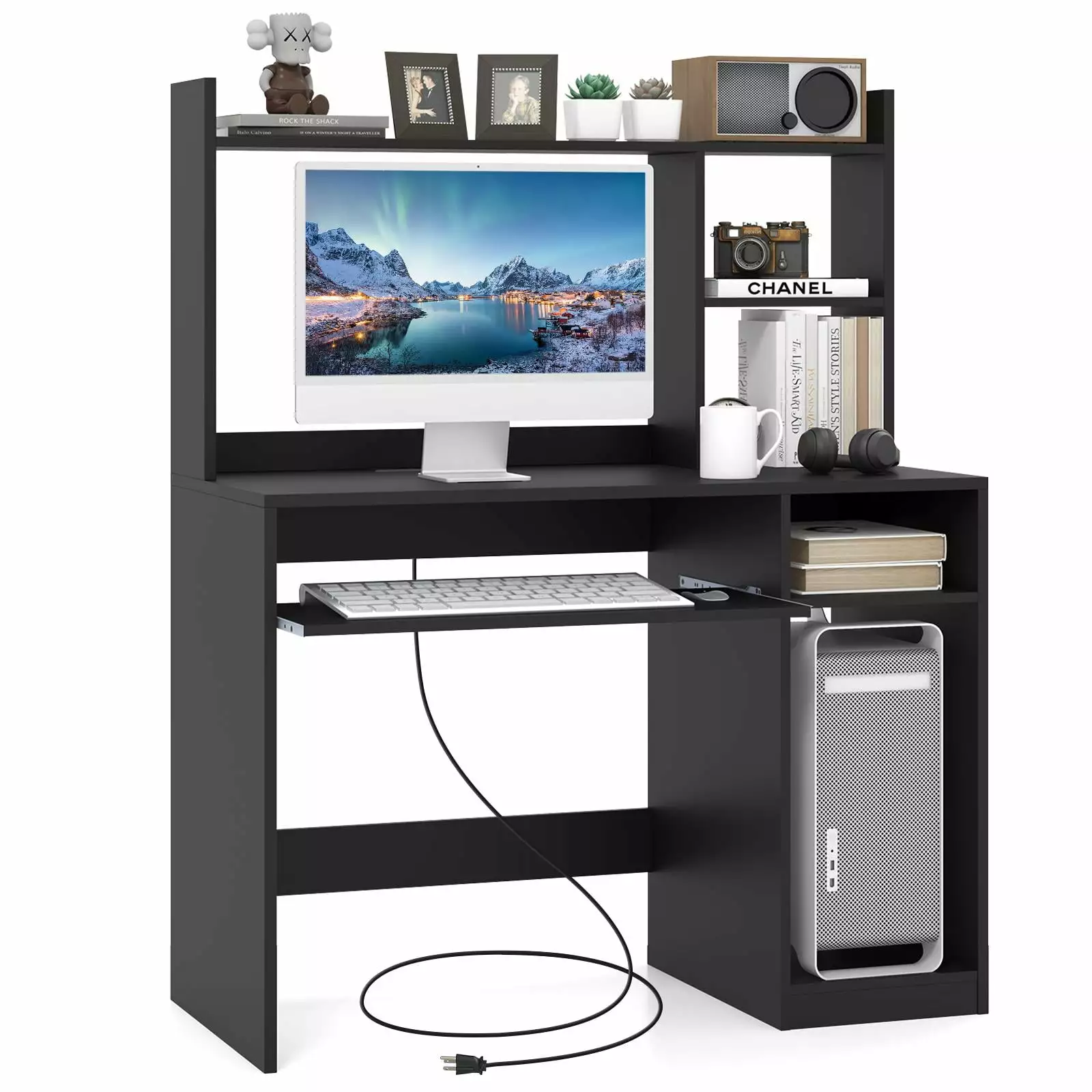 Giantex Bookshelf Study Writing Desk Keyboard Tray and Charging Station Hutch