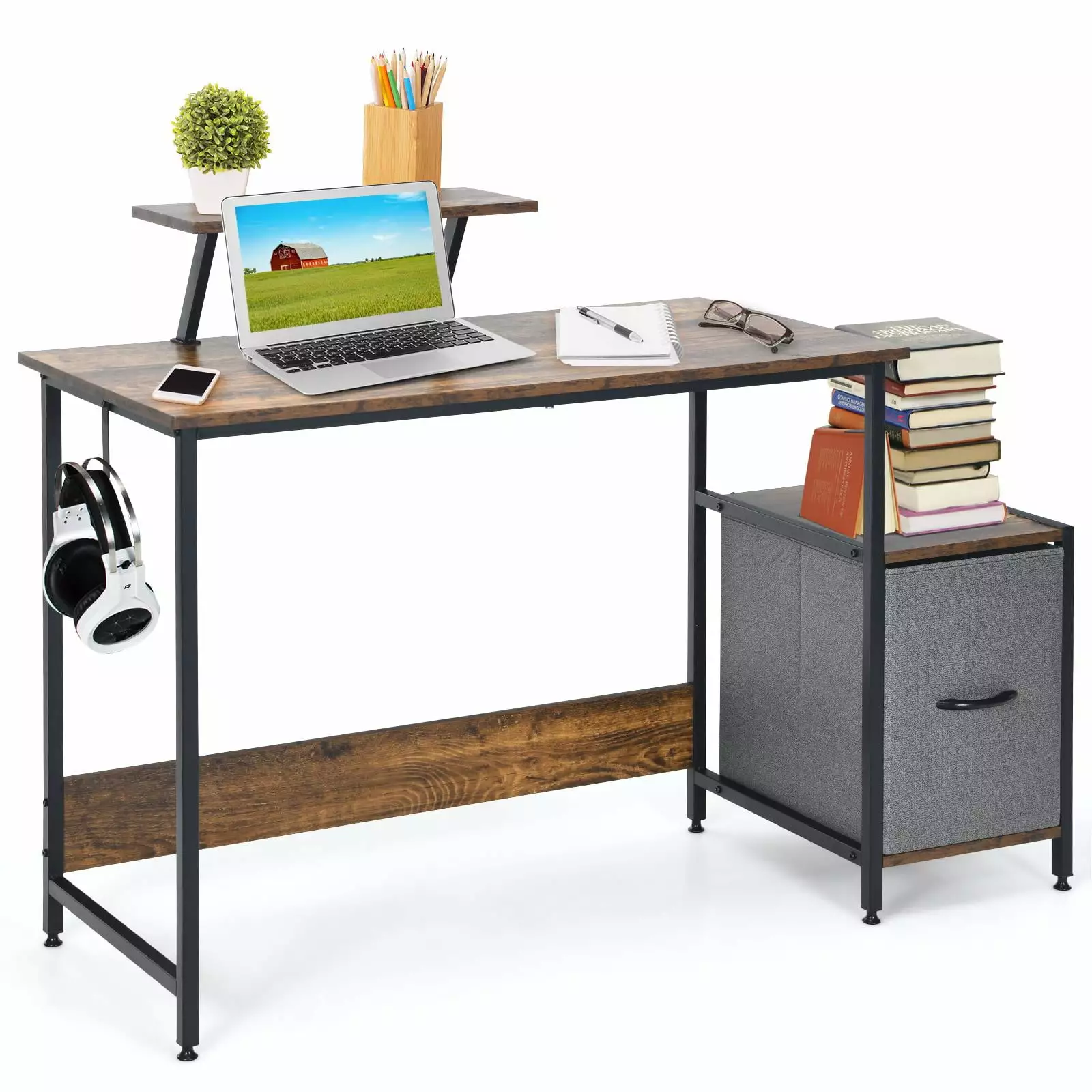 Giantex Computer Desk Reversible Fabric Drawer Industrial Sturdy Desk Moveable Shelf Home Office