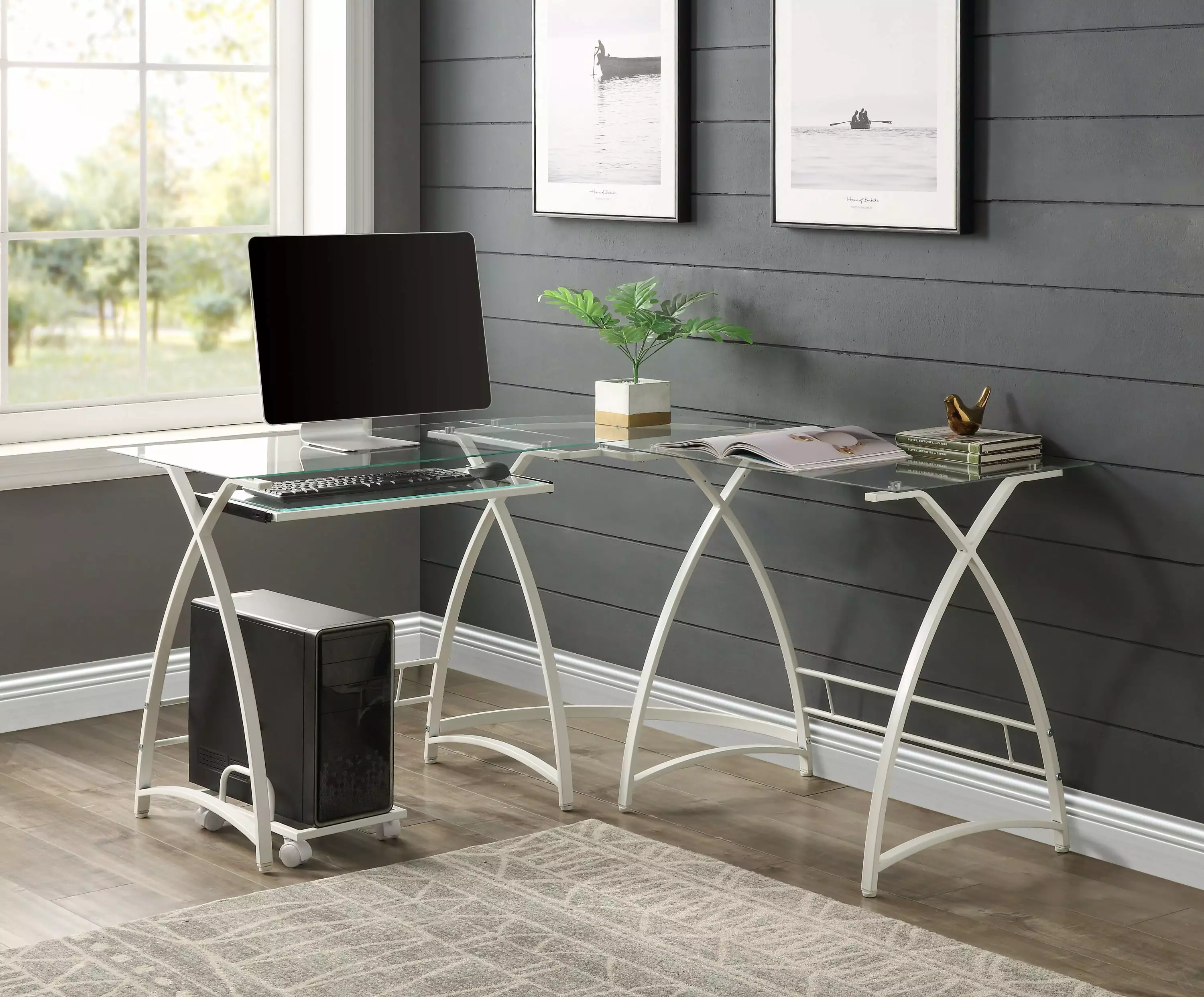 Luxe Glass Computer Desk Modern Tempered Glass Office Desk Sleek Workstation Go Green Woods