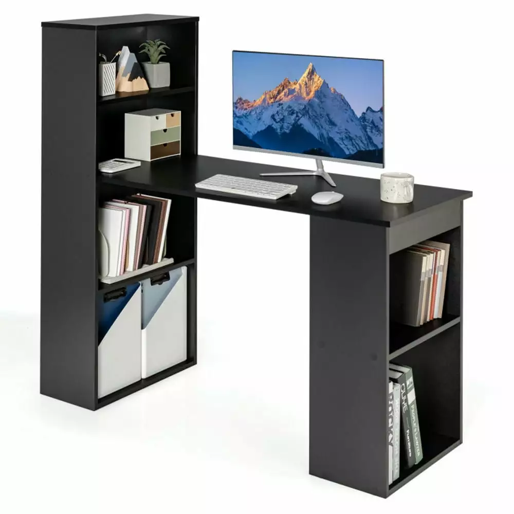 GVN Black Computer Desk 6-Tier Storage Shelves Bedroom and Office
