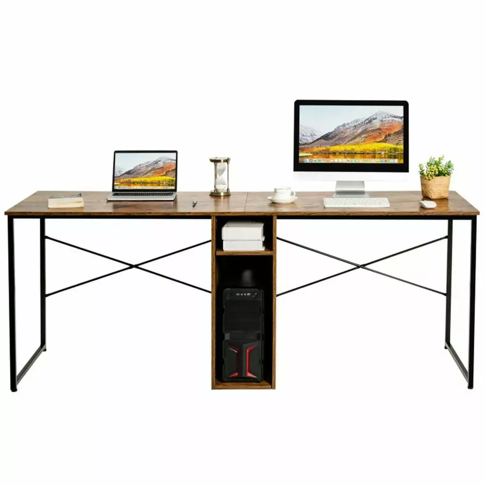 GVN 79 Inches Multifunctional Office Desk 2 Person Storage Brown Bedroom Gaming Study Writing Table
