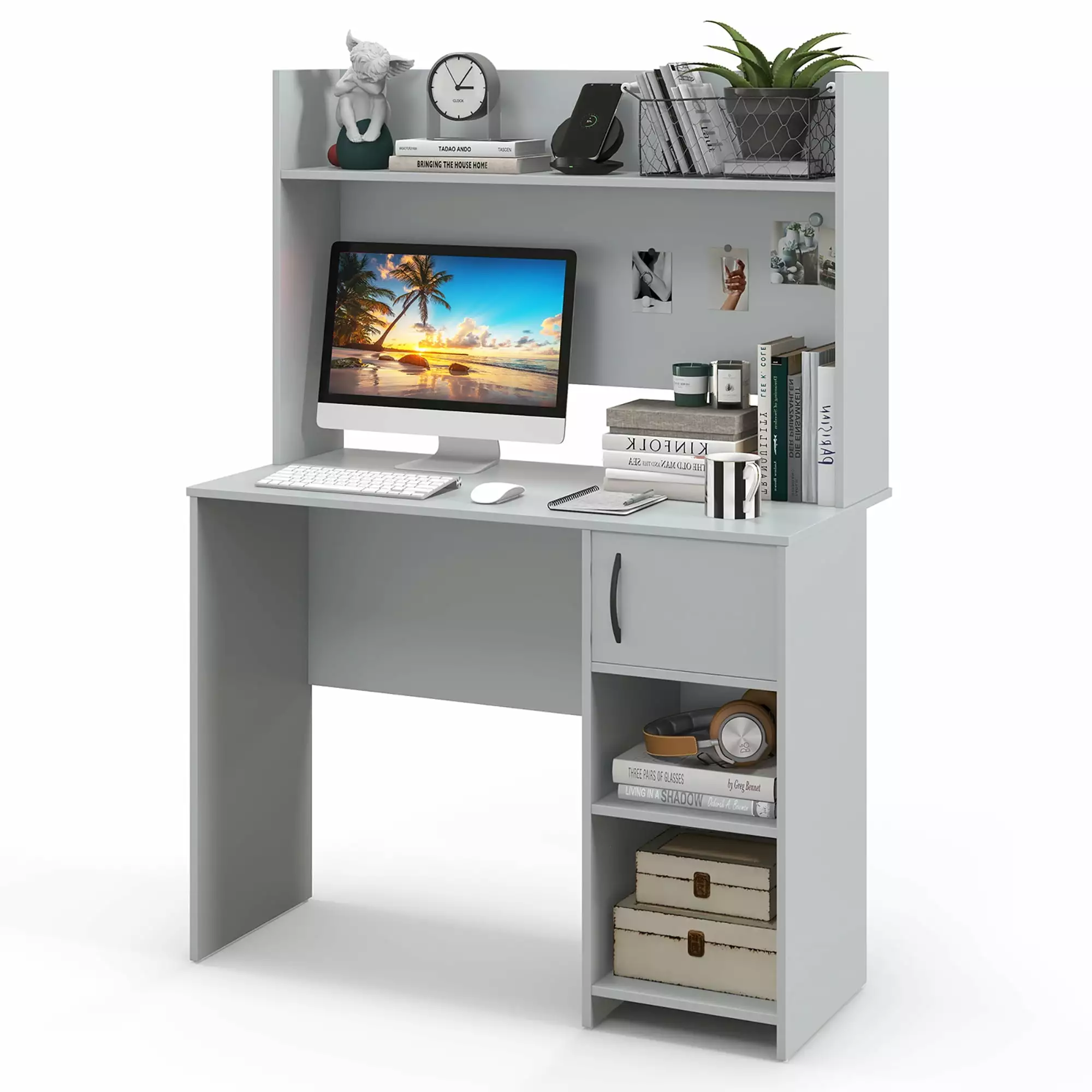 Gymax Computer Desk Home Office Desk Raised Display Shelf & 2 Open Shelves Gray