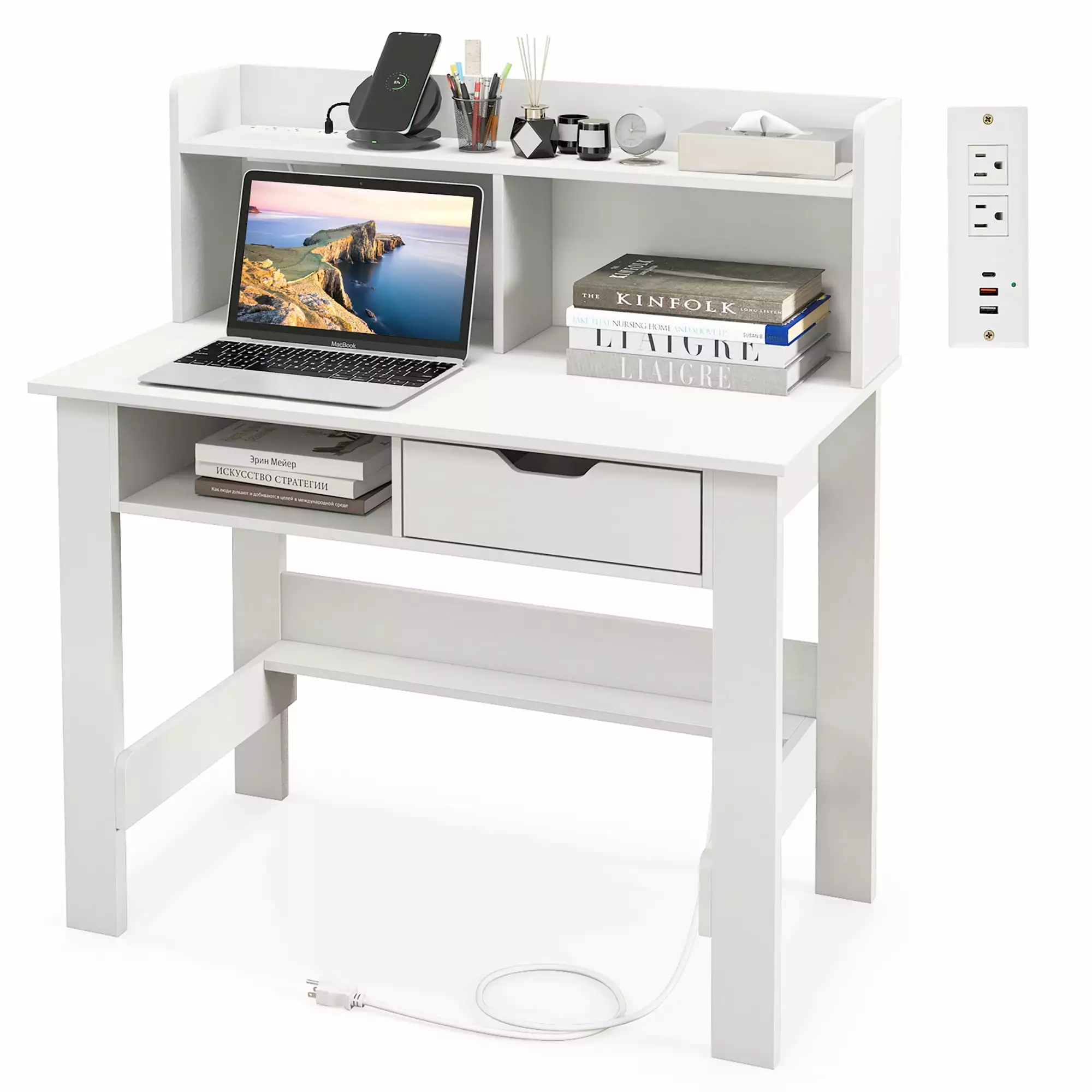 Gymax Computer Desk Power Outlets USB Ports and Type-C Charging Study Writing Desk Hutch