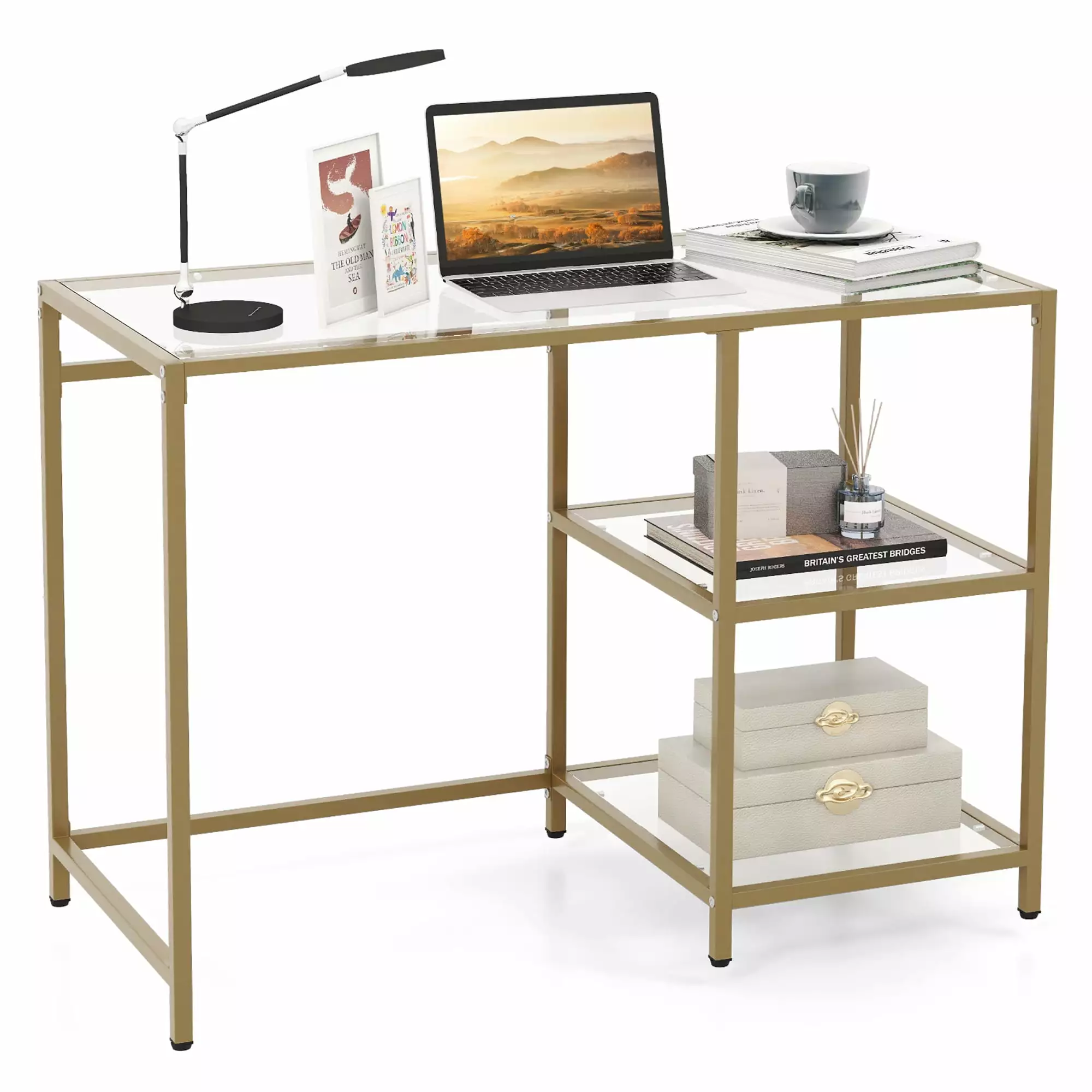 Gymax Computer Desk Tempered Glass Workstation Vanity Table 2-Tier Storage Shelves