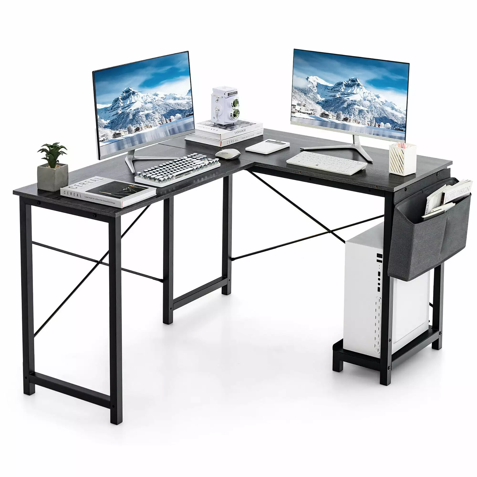 Gymax L Shaped Computer Desk Reversible Side Storage Bag Host Stand Dark Gray