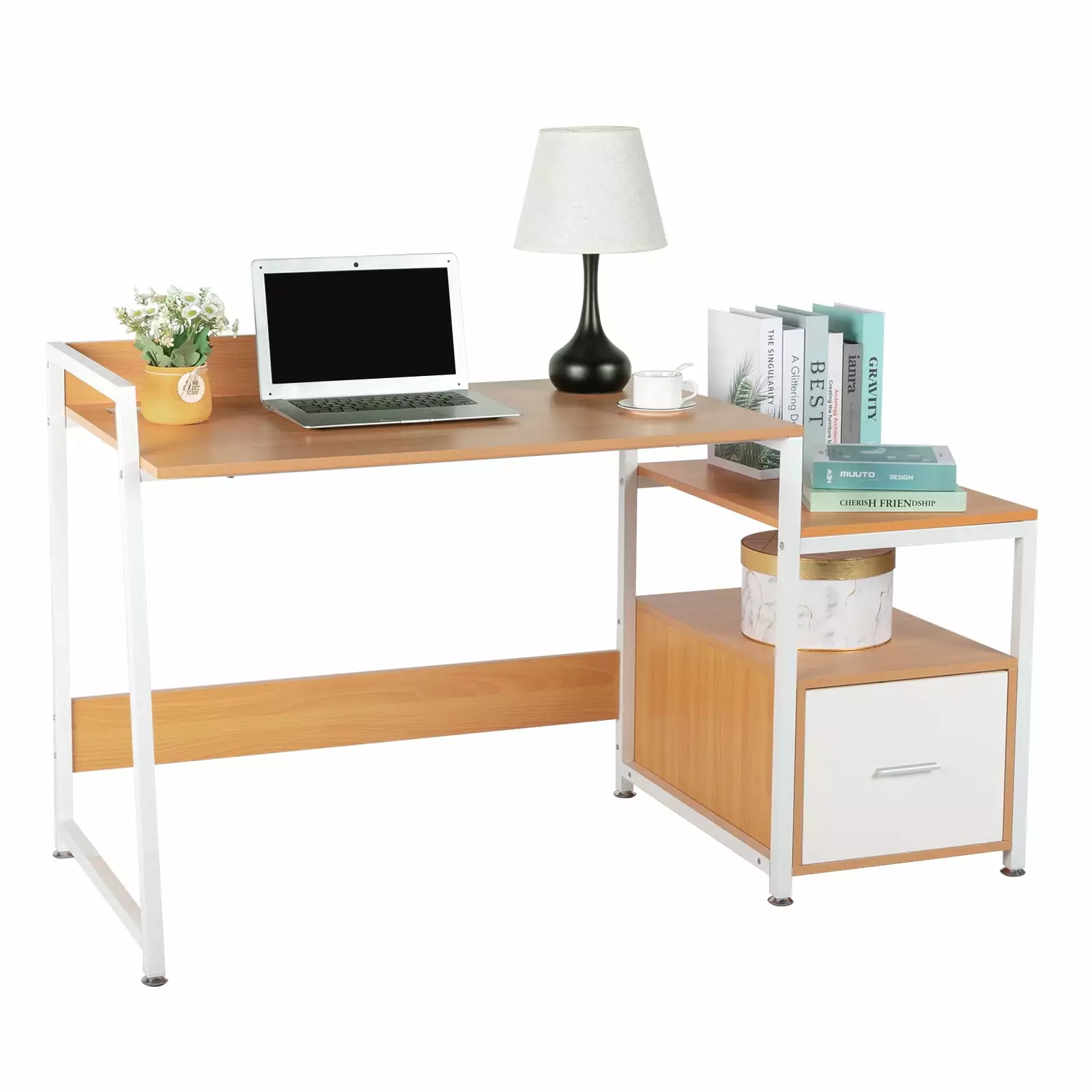 Gzxs Industrial Computer Desk File Drawer - White Metal Frame Office Desk Monitor Stand