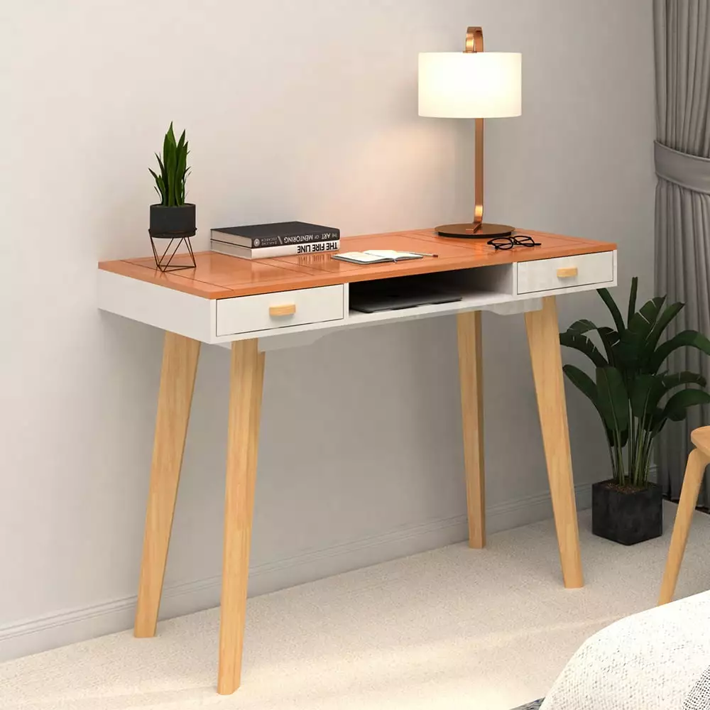 Gzxs Modern Computer Desk 2 Drawers Wooden Makeup Dressing Table 42.52L Natural and White