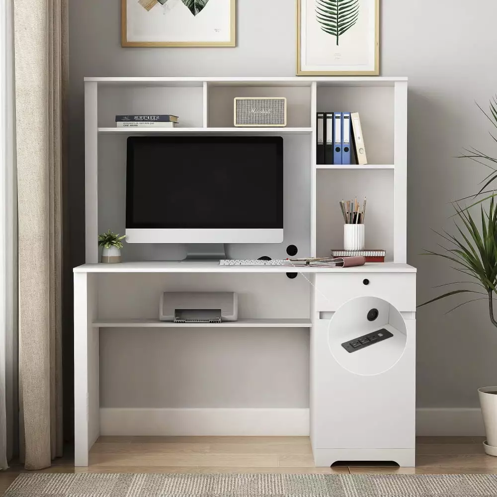 Gzxs Modern Computer Desk Hutch & Bookshelf - Home Office Desk Charging Station and Lockable Drawer - White