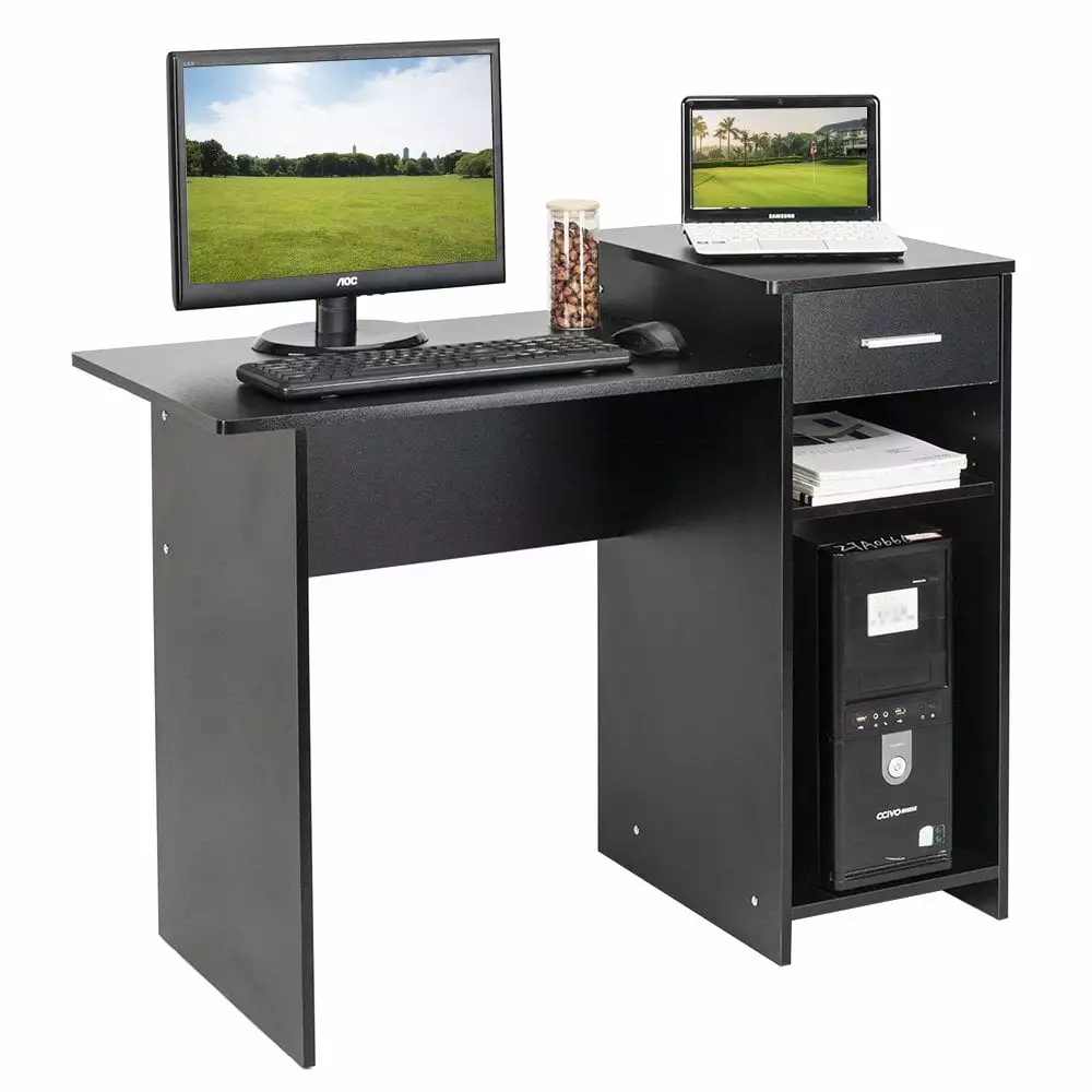 GZXS Wooden Computer Desk Study Table Drawer and Open Shelf Home Office Black