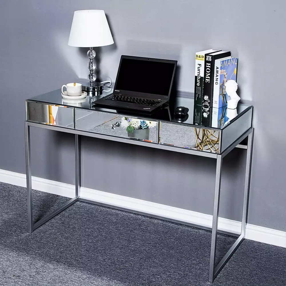 Hassch Silver Mirrored Computer Desk Drawers Metal Frame Dressing Table
