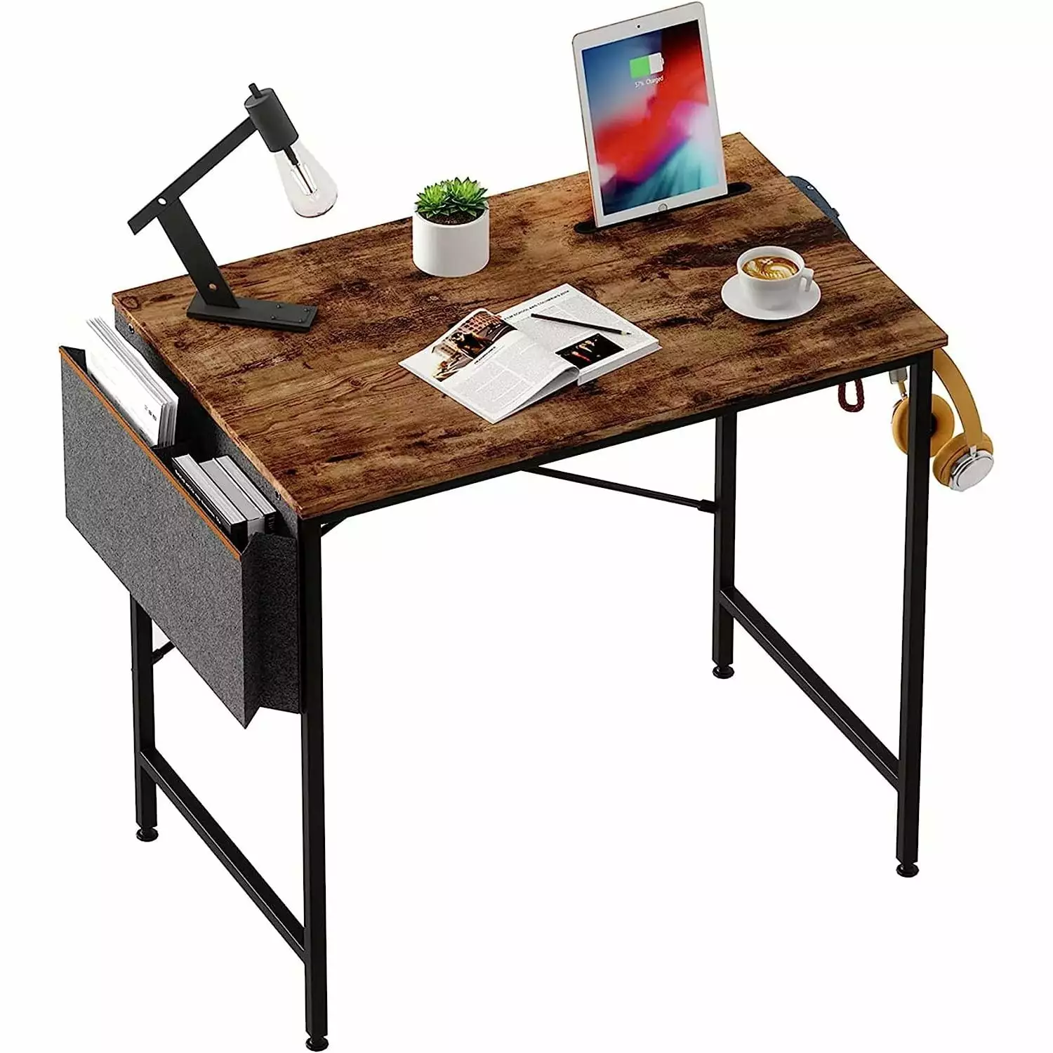 HElectQRIN 32 Inch Modern Simple Style Wood Desktop Computer Desk Storage Bag and Iron Hook Rustic Brown