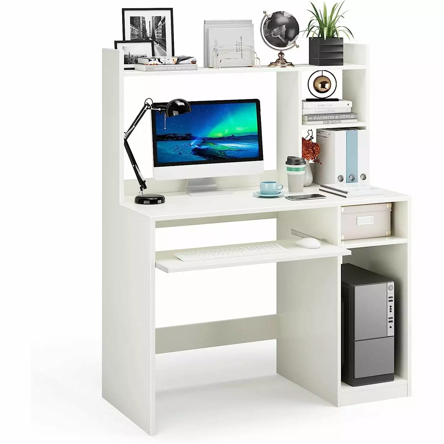 HElectQRIN White Computer Desk Storage Shelf - Wooden Writing Desk Hutch and CPU Stand