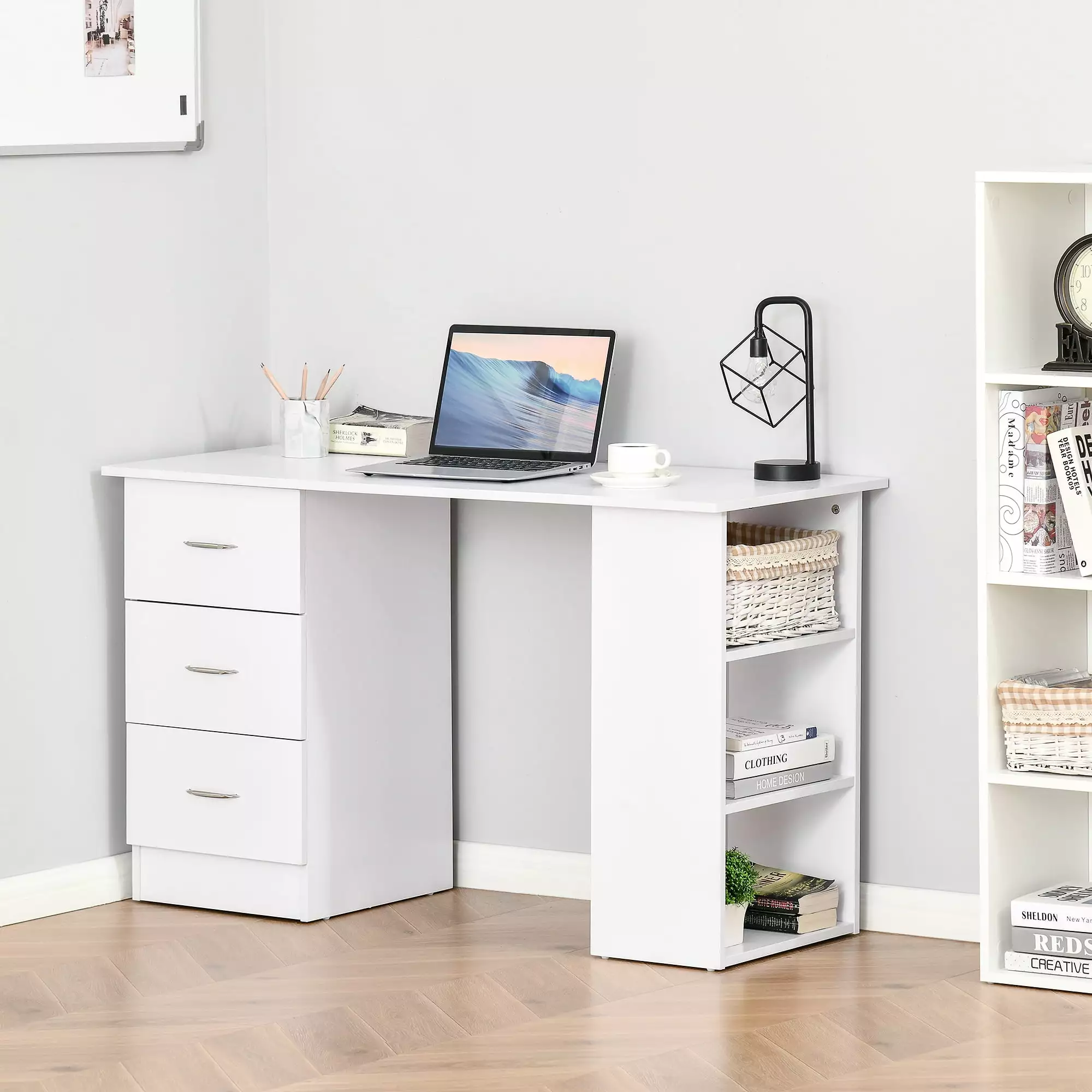 HOMCOM 47 Modern Computer Desk Bookcase and 3 Drawers - White Home Office Workstation