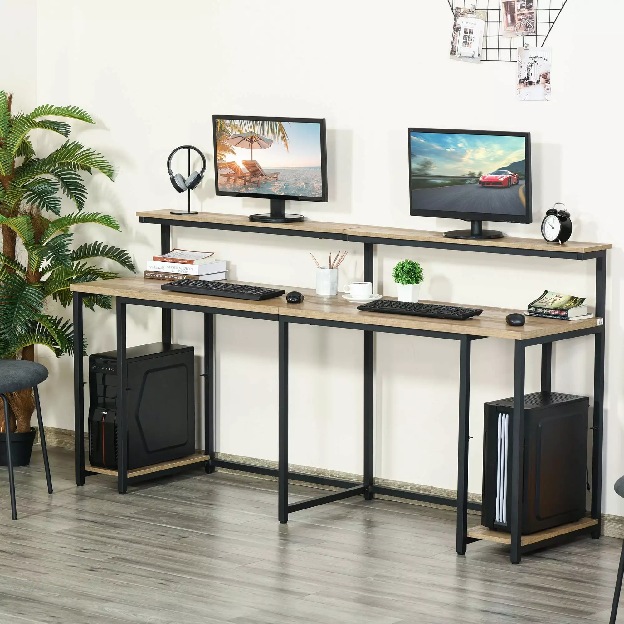 HomCom Two Person Home Office Desk Elevated Monitor Shelf Bottom CPU Tower Shelf Large Desktop Black Brown
