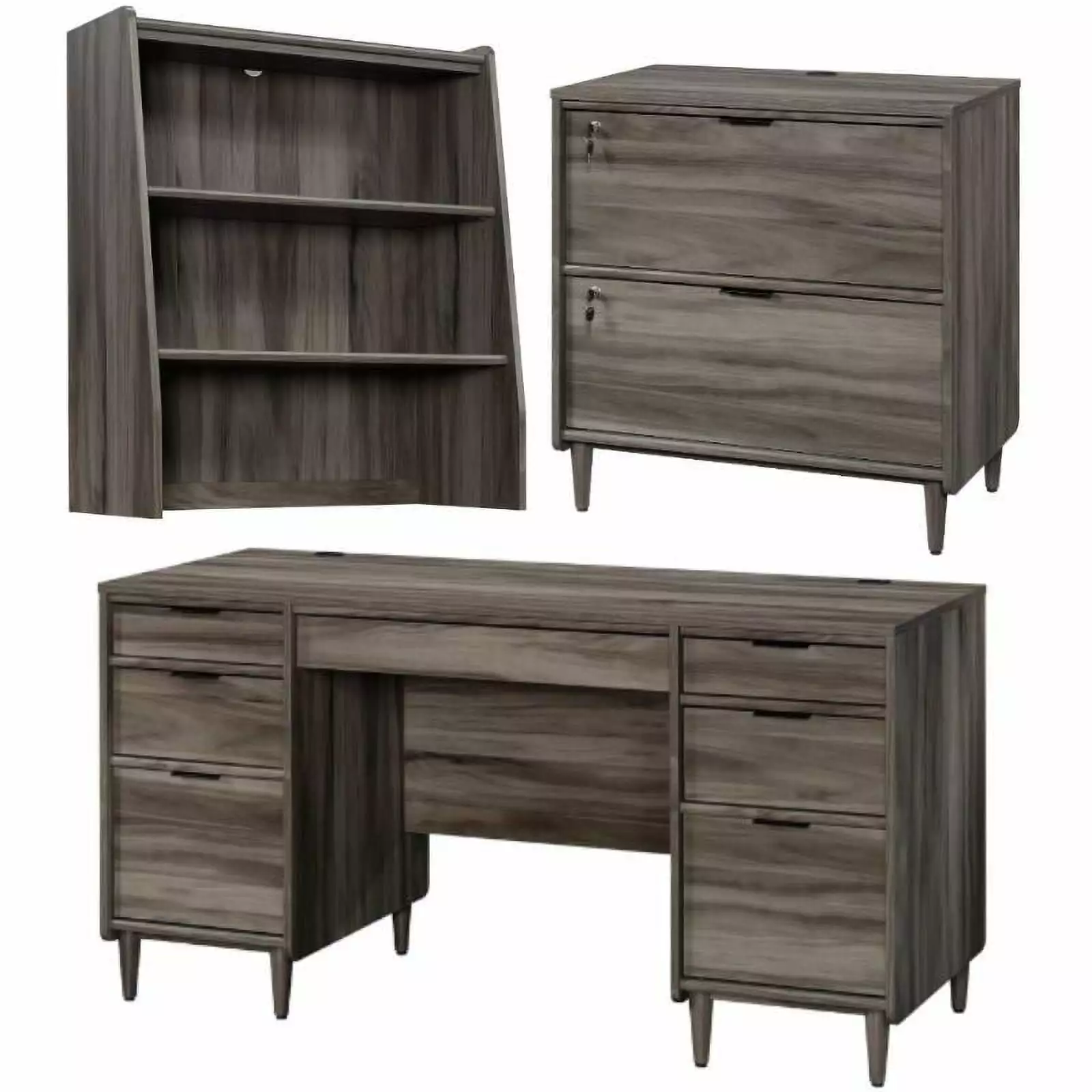 Home Square 3-Piece Desk Set Lateral File Cabinet and Hutch Jet Acacia