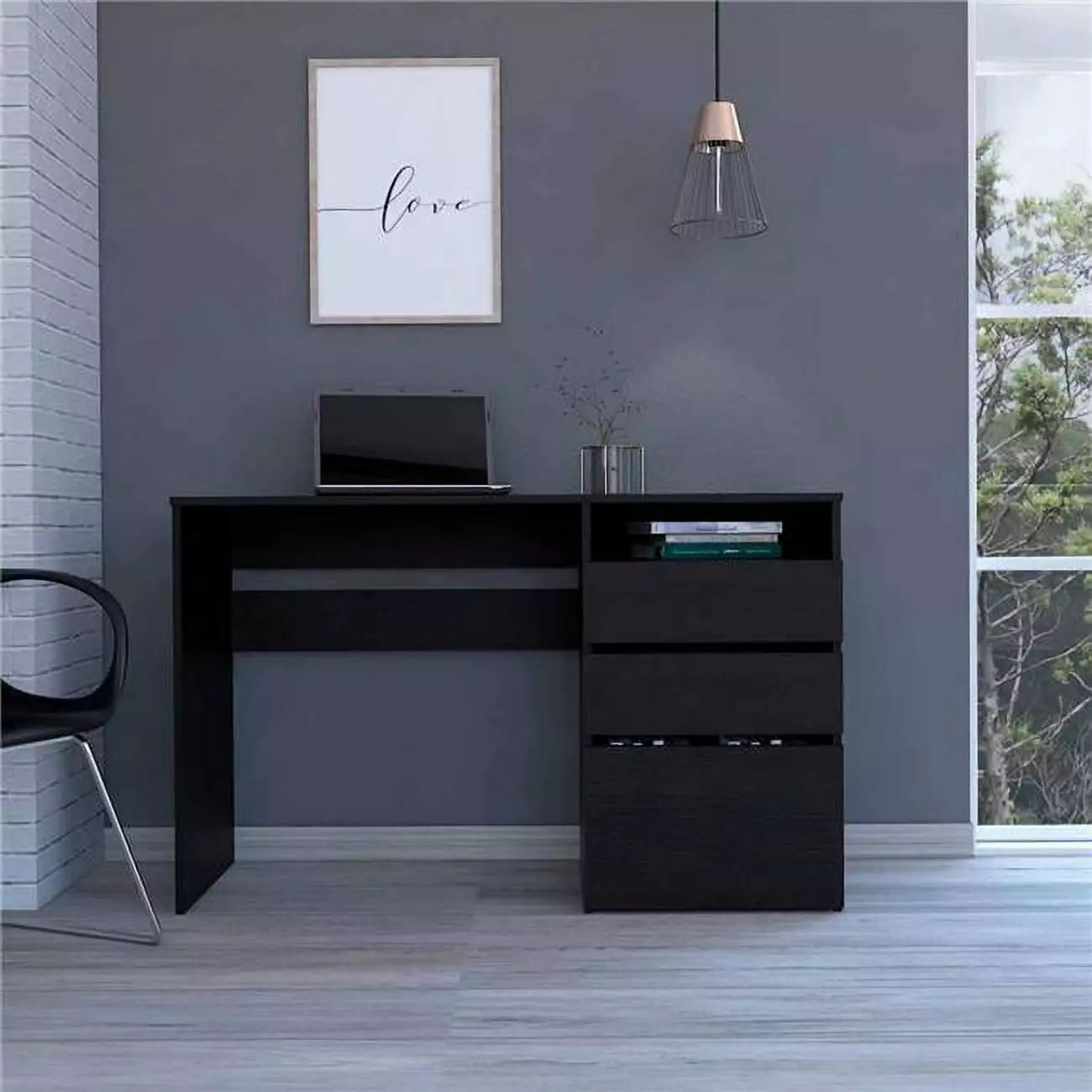 HomeRoots 403805 Echo Black Computer Desk Three Drawers Office Desk
