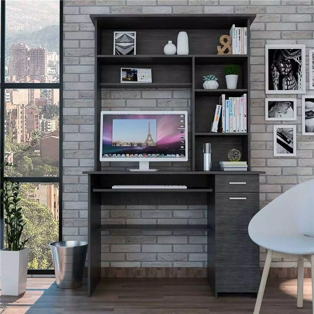 HomeRoots 403841 Zeno Gray Oak Computer Desk Hutch Modern Office