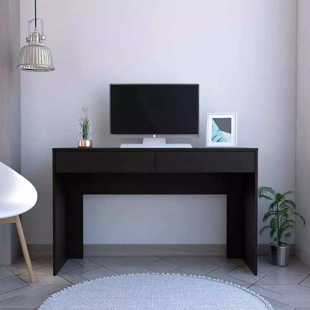 HomeRoots Clio Black Computer Desk Two Drawers Modern Home Office Desk
