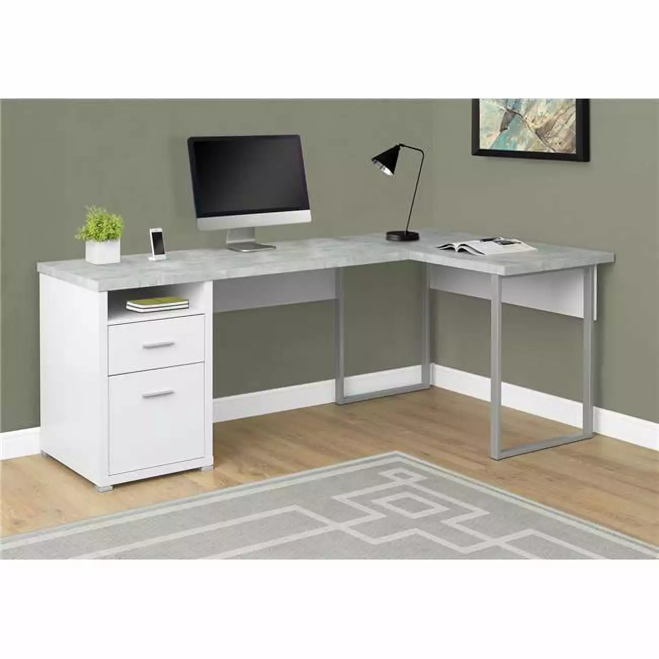 HomeRoots 80 Inch White Cement-Look Left Right Face Computer Desk