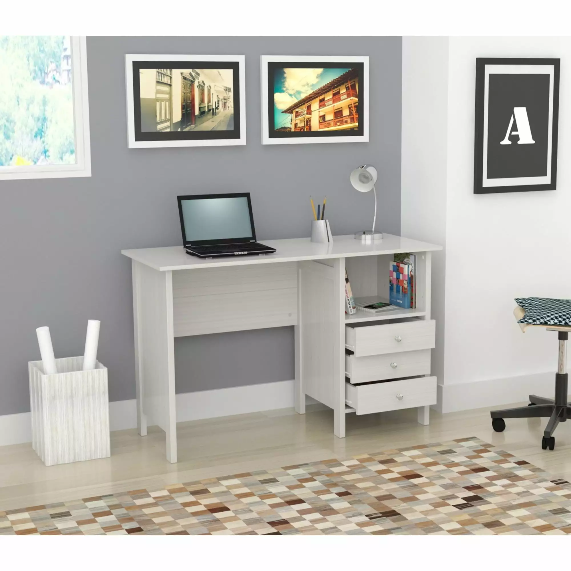 White Finish Wood Computer Desk Three Drawers Home Office HomeRoots