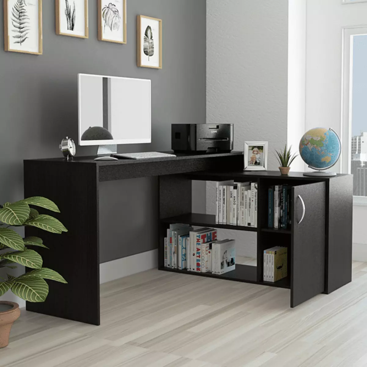 Modern L Shaped Computer Desk Storage Shelves & File Cabinet Black HOMIQUEEN