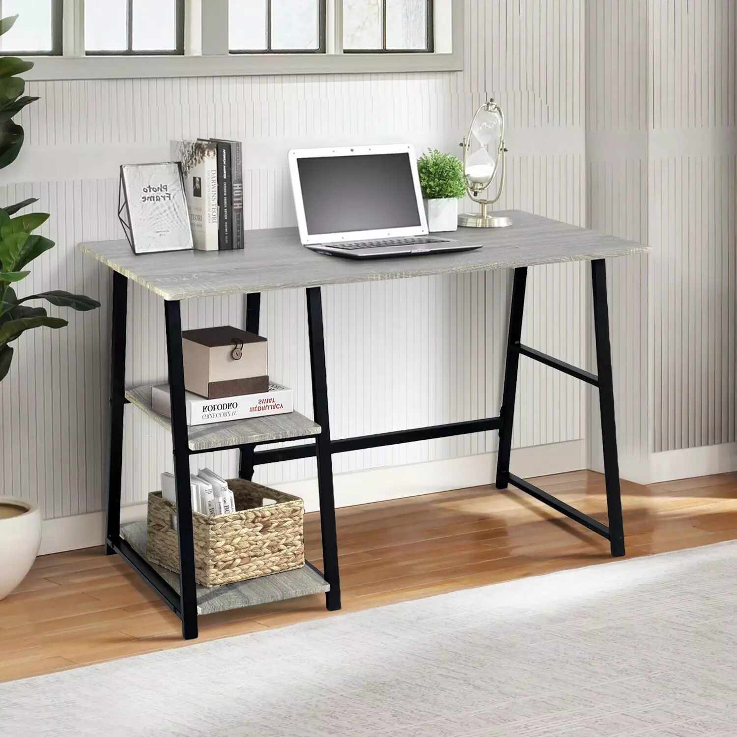 Homy Casa 47 Inch -Shaped Computer Desk 2 Open Storage Shelves Dark Grey Home Office