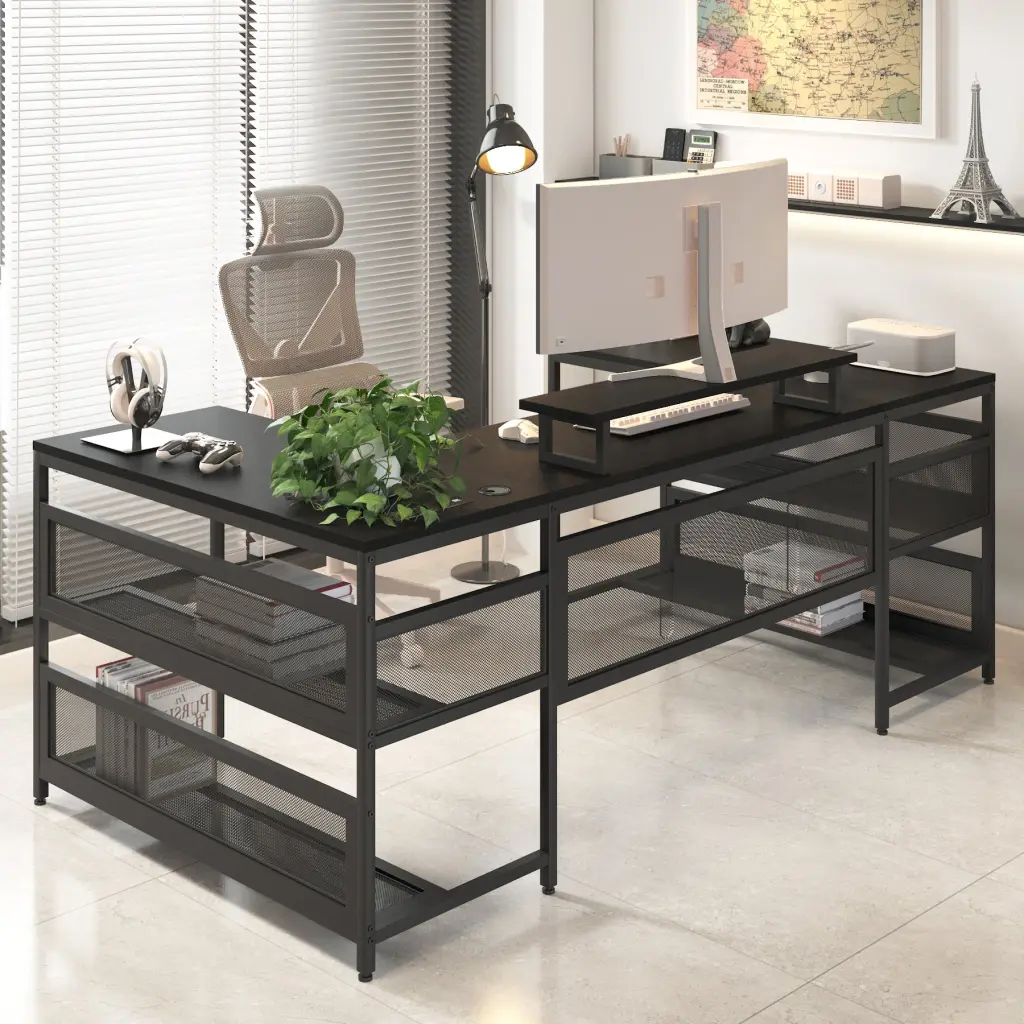 U Shaped Desk Shelf And LED Lights Black MDF hs furniture