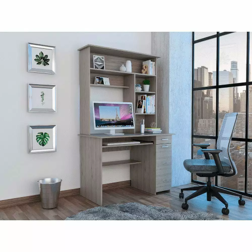 180 Hutch Desk Multiple Shelves Keyboard Tray CPU Panel and One Drawer Light Gray Hypeshops