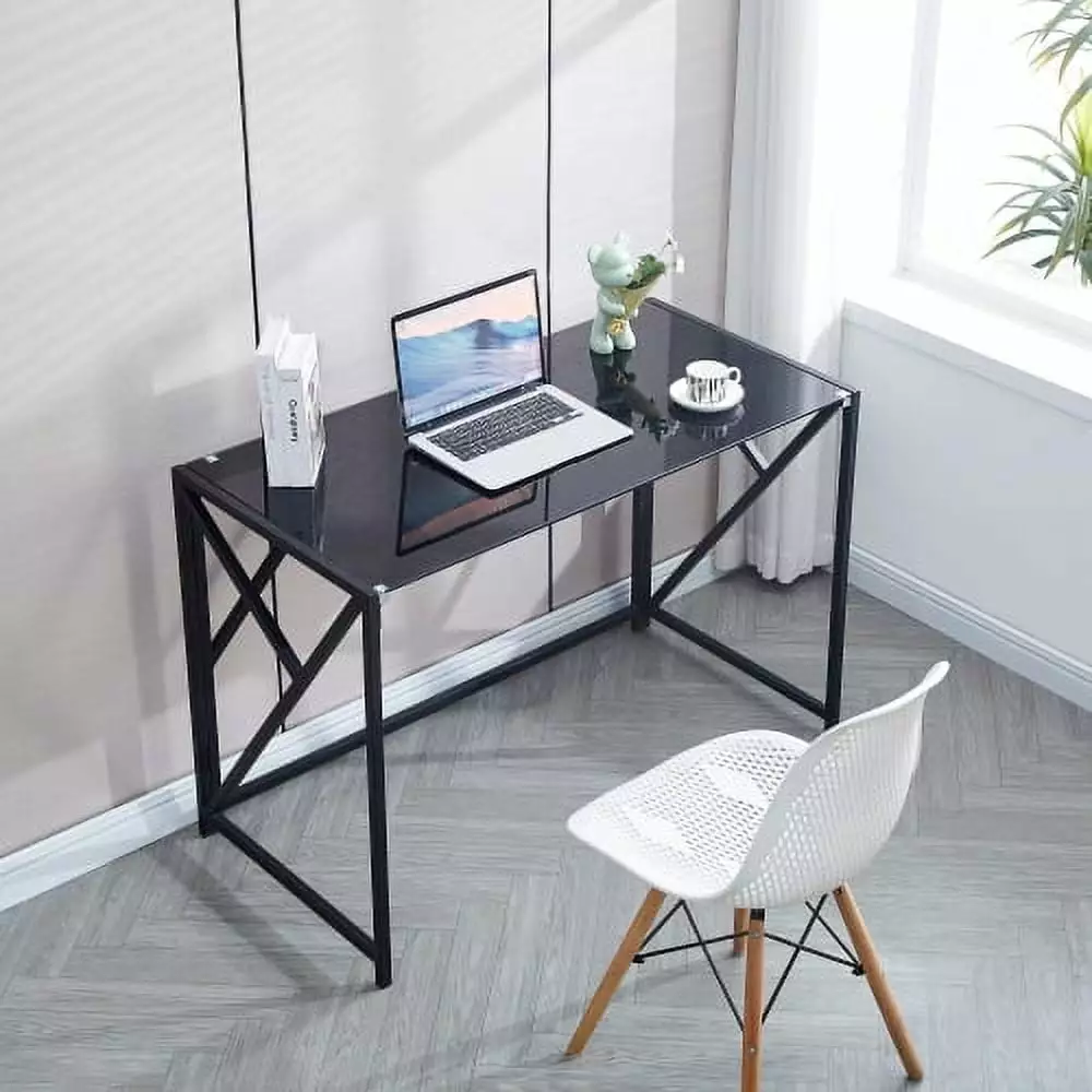 Tempered Black Glass Computer Desk Metal Frame Laptop Desk PC Laptop Table Writing Desk Hypeshops
