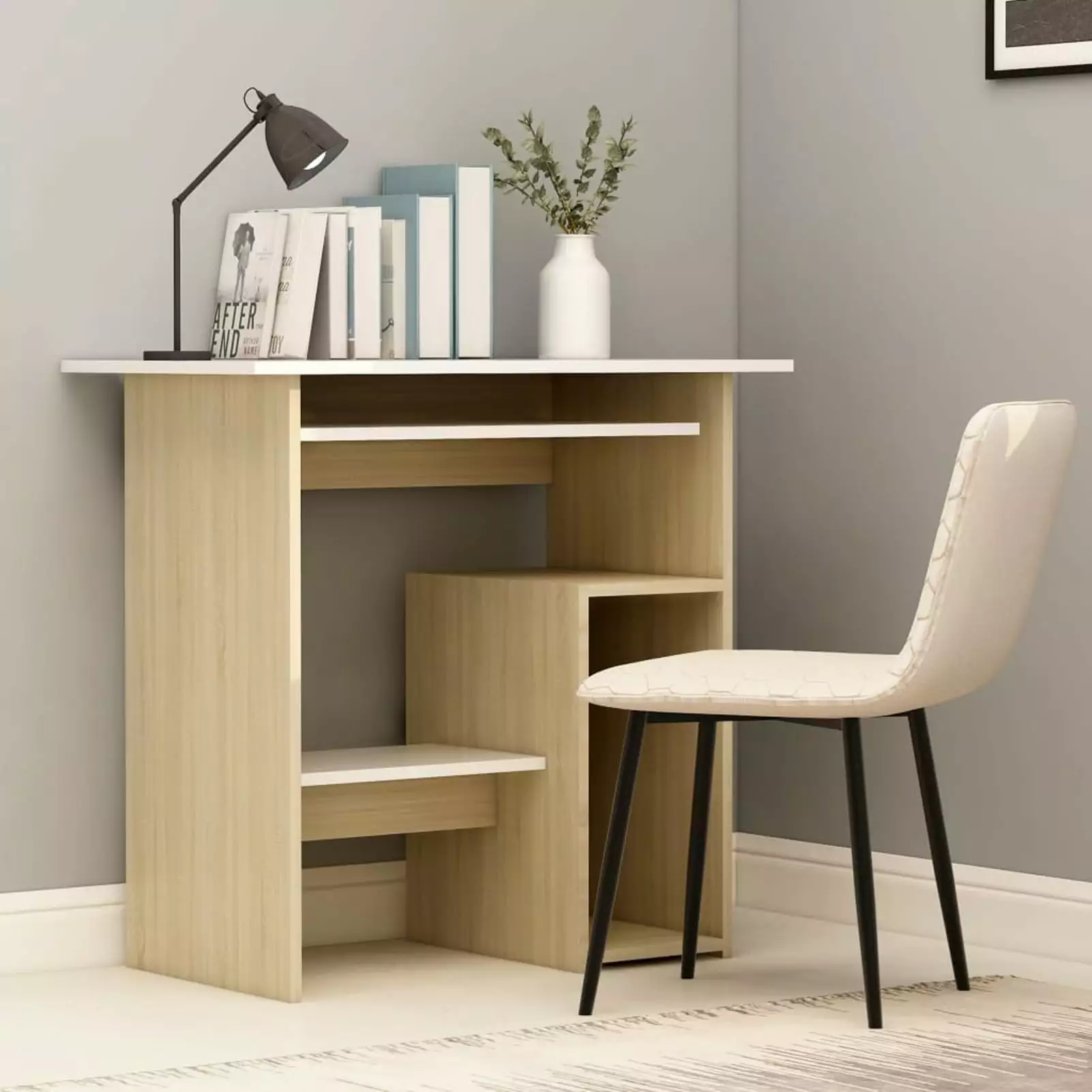 Anself Computer Desk Keyboard Tray Storage Shelves Engineered Wood Writing Desk Multifunctional Gaming Table White Sonoma ...