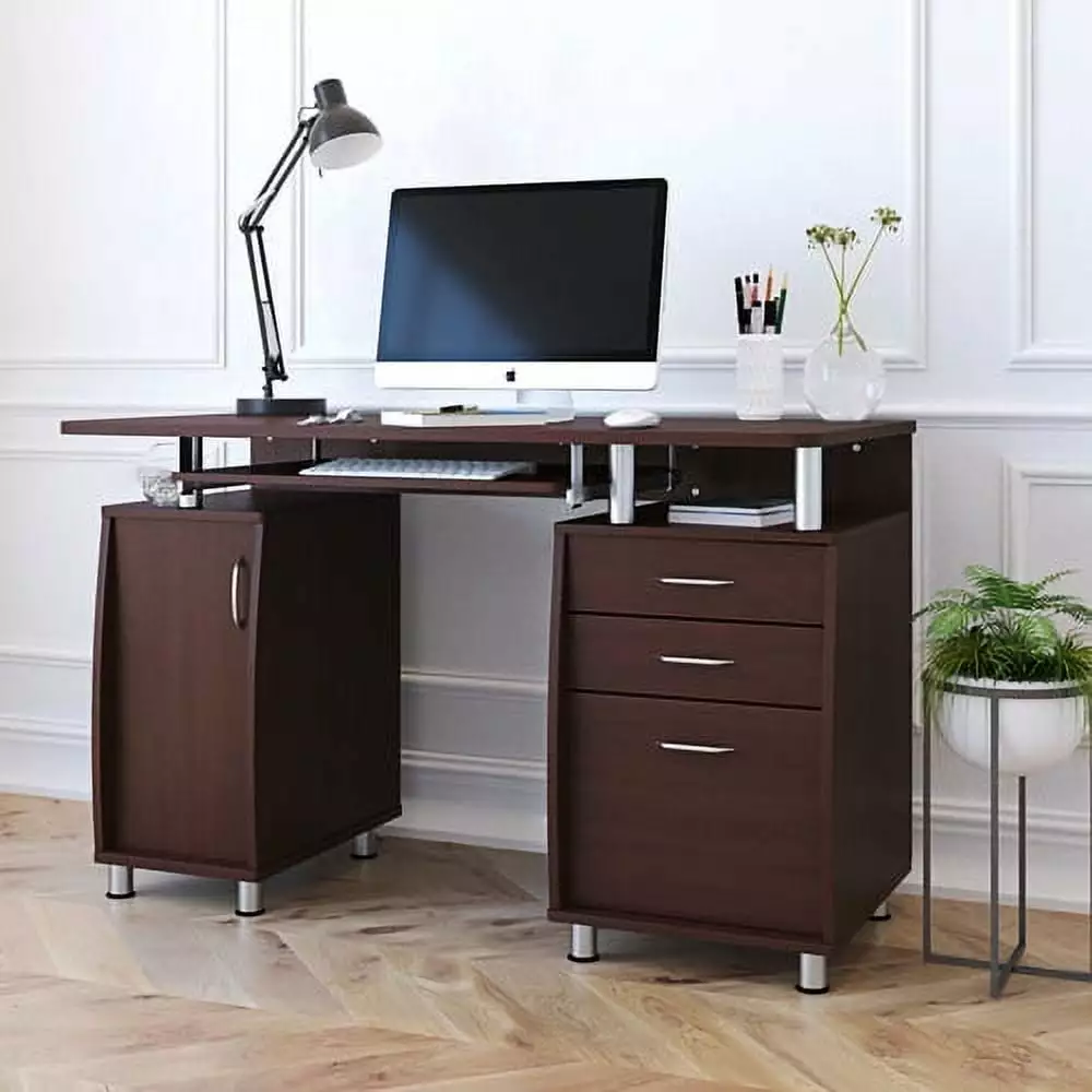 Wide Home Office Computer Desk Gray CPU Storage Cabinet and Hanging File Cabinet Brown INCLAKE