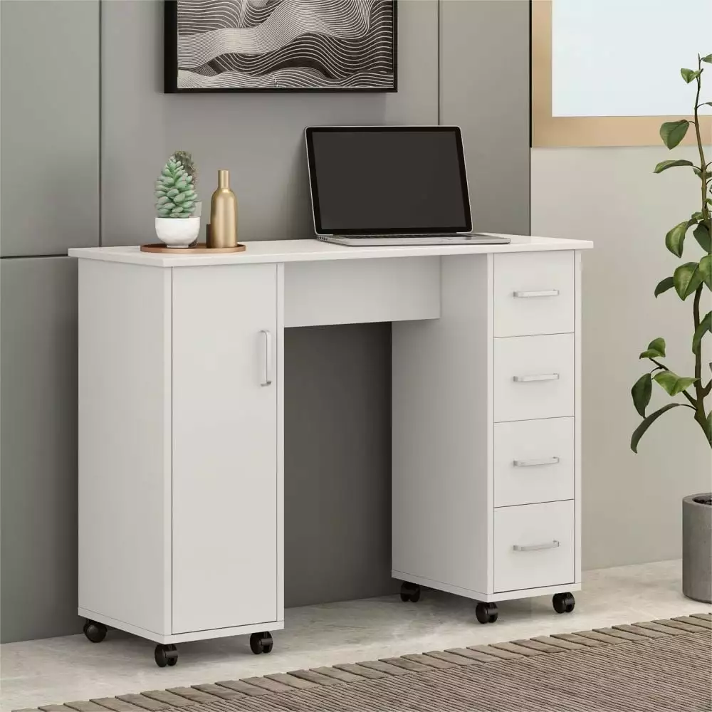IVV 41.73 Inch Home Office Computer Desk 4 Drawers 1-Door Cabinet Storage White Moveable Writing Desk