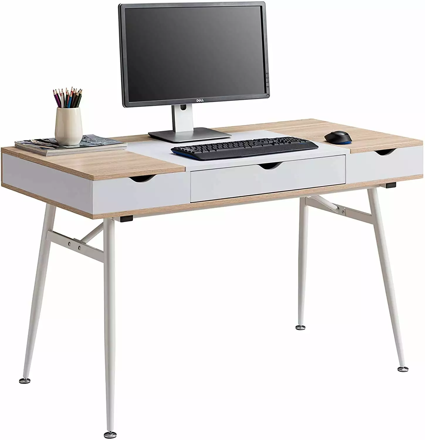 JJS Home Computer Desk Drawers - Contemporary Split Top Storage Modern Desk White