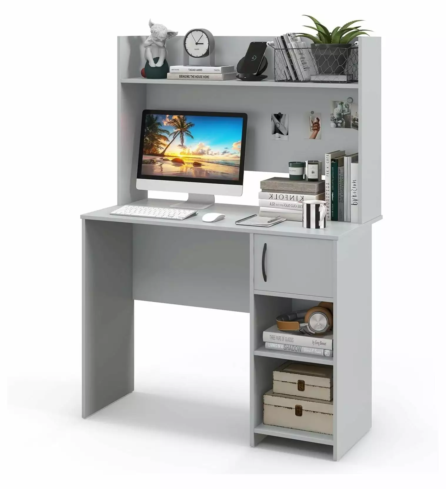 Computer Desk Hutch Home Office Desk Raised Display Shelf and 2 Open Shelves Cabinet Door Cable Management Holes Gray Kill...
