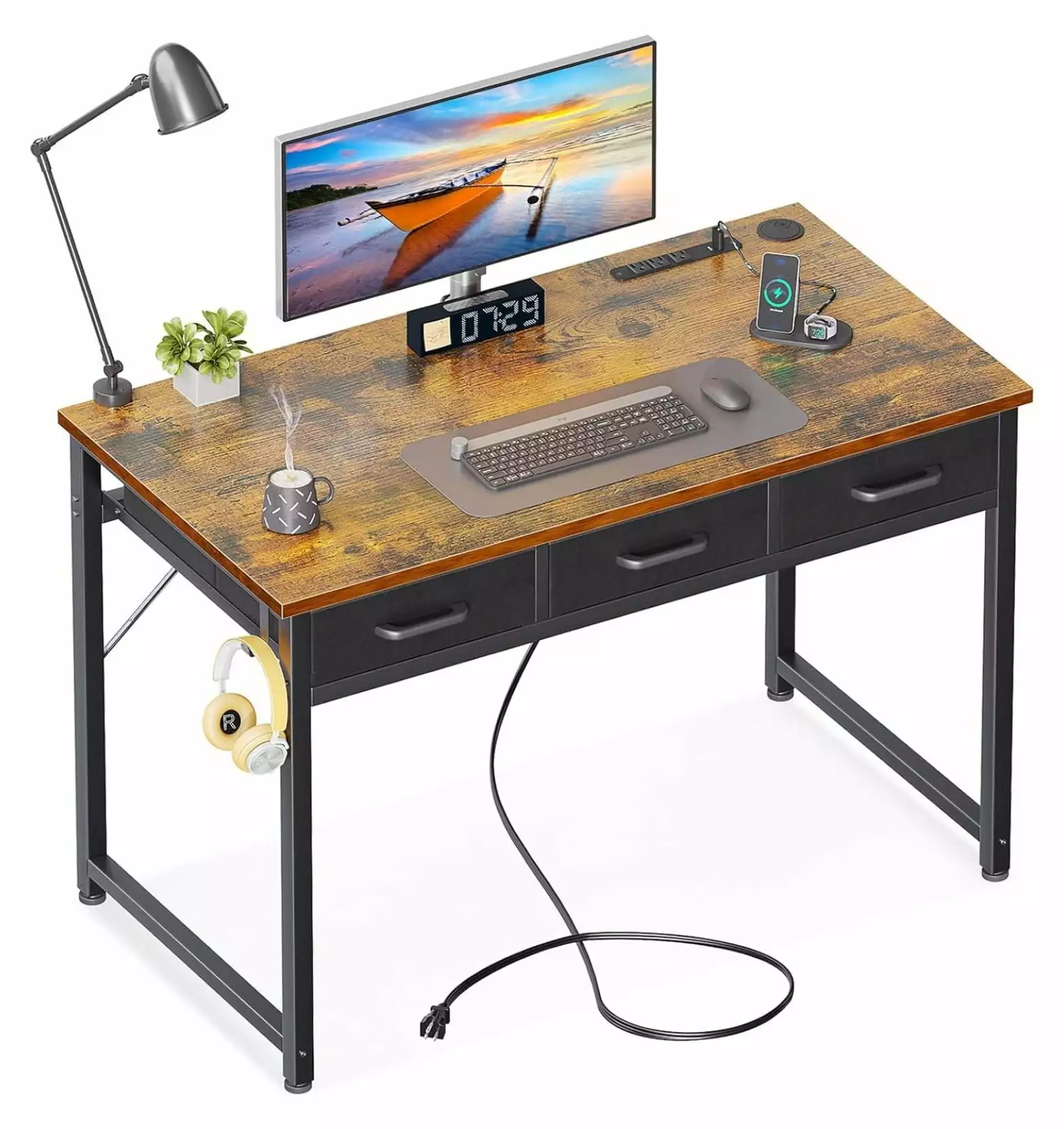 40 Inch Small Computer Desk 3 Fabric Drawers & USB Charging Ports - Vintage Office Vanity Study Table Killeryuki