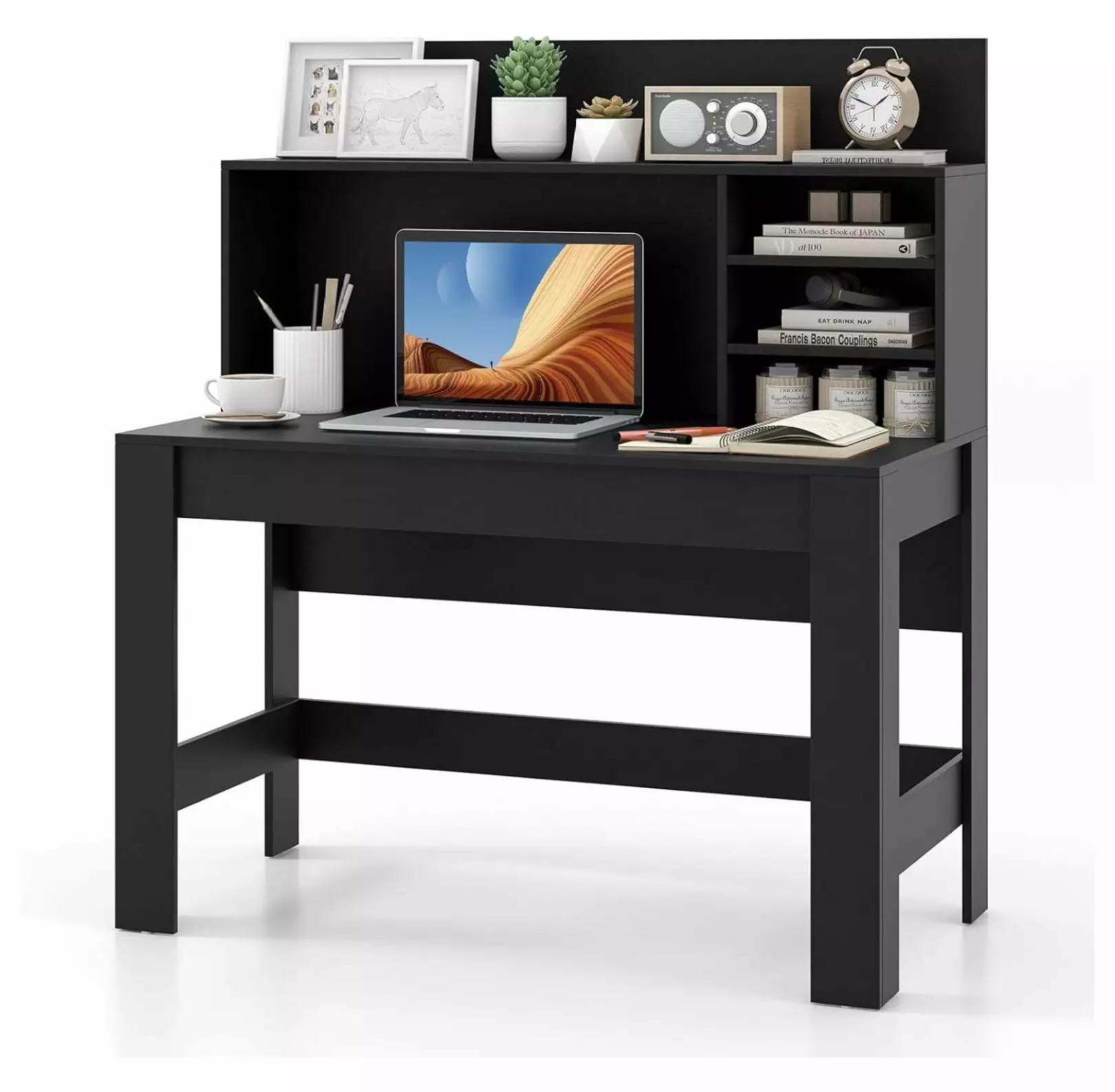 Killeryuki Computer Desk Hutch Bookshelf Anti-Toppling Device Cable Hole Black Modern Workstation