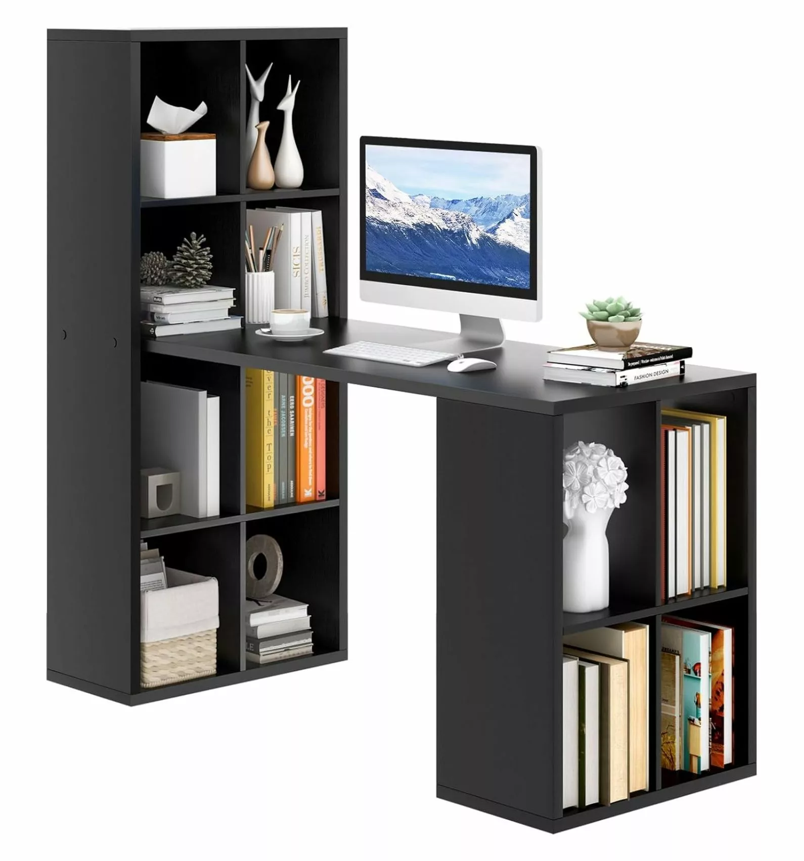 Killeryuki 55 Inch Computer Desk Bookshelf - Space Saving Office Desk 12 Shelves and Anti-Tipping Kits