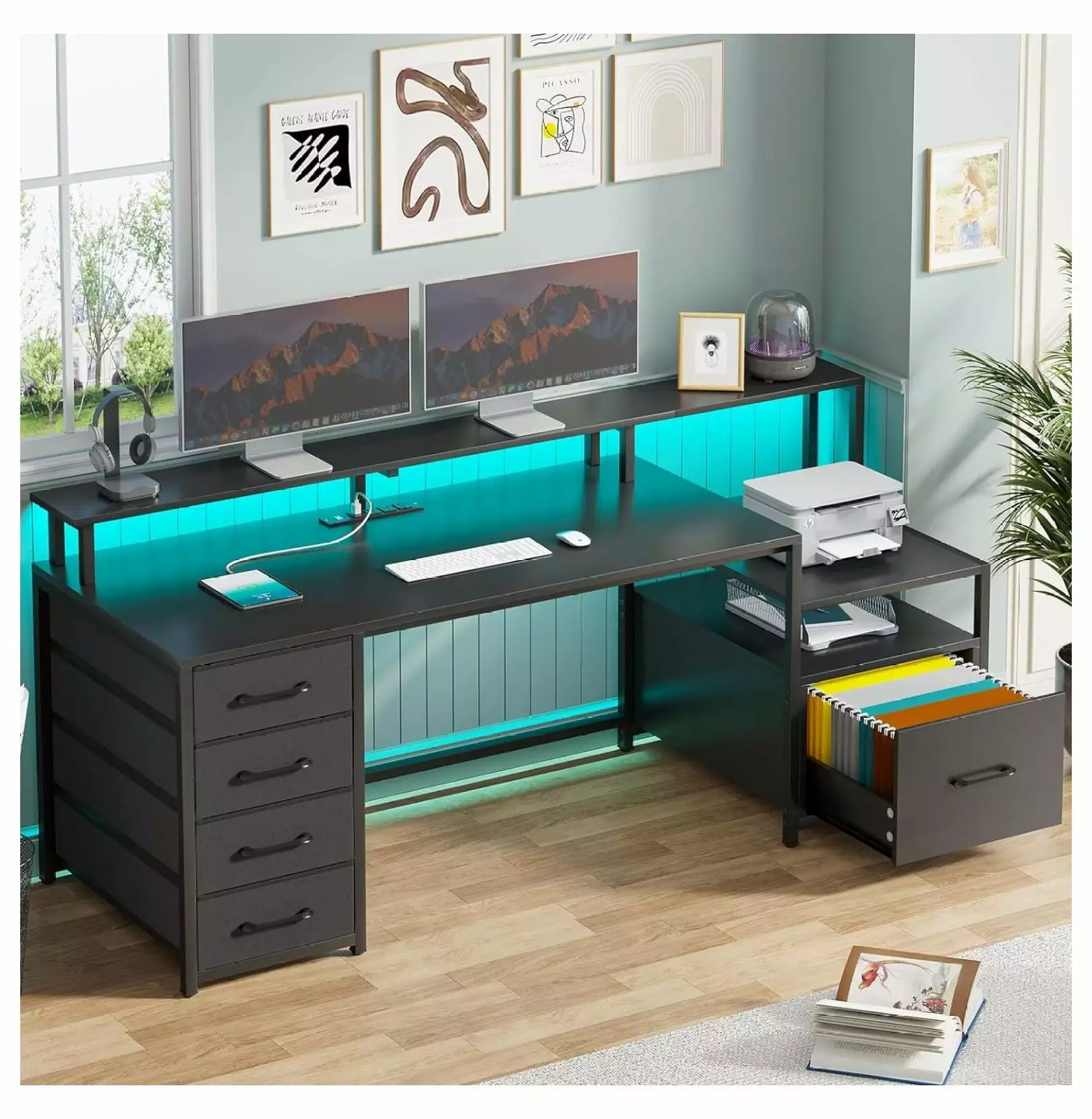 Killeryuki 66 Inch Home Office Desk 5 Drawers Power Outlet LED Lights File Drawer and Monitor Shelf Black