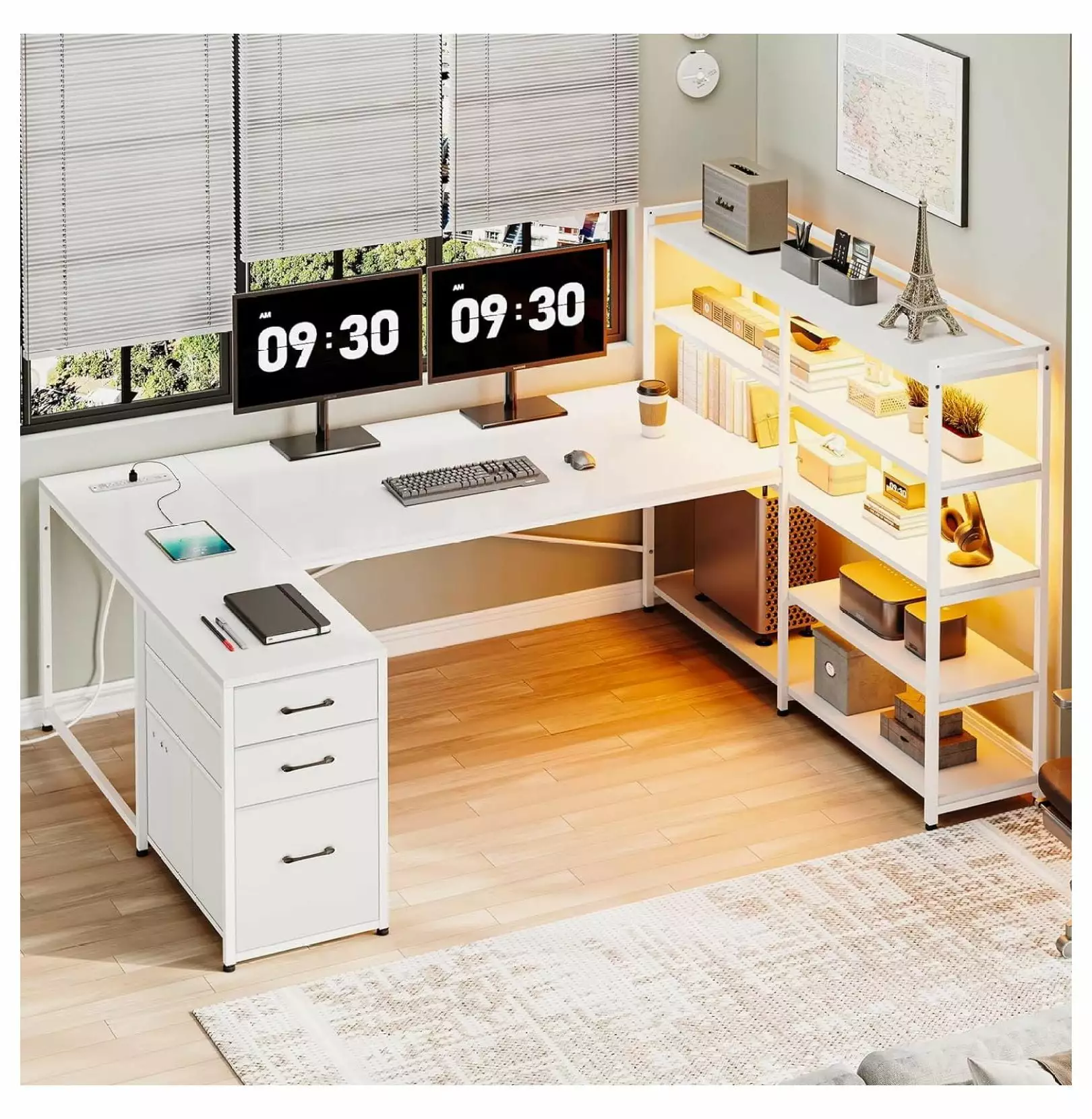 Killeryuki White Computer Desk Drawers and Power Outlet Home Office