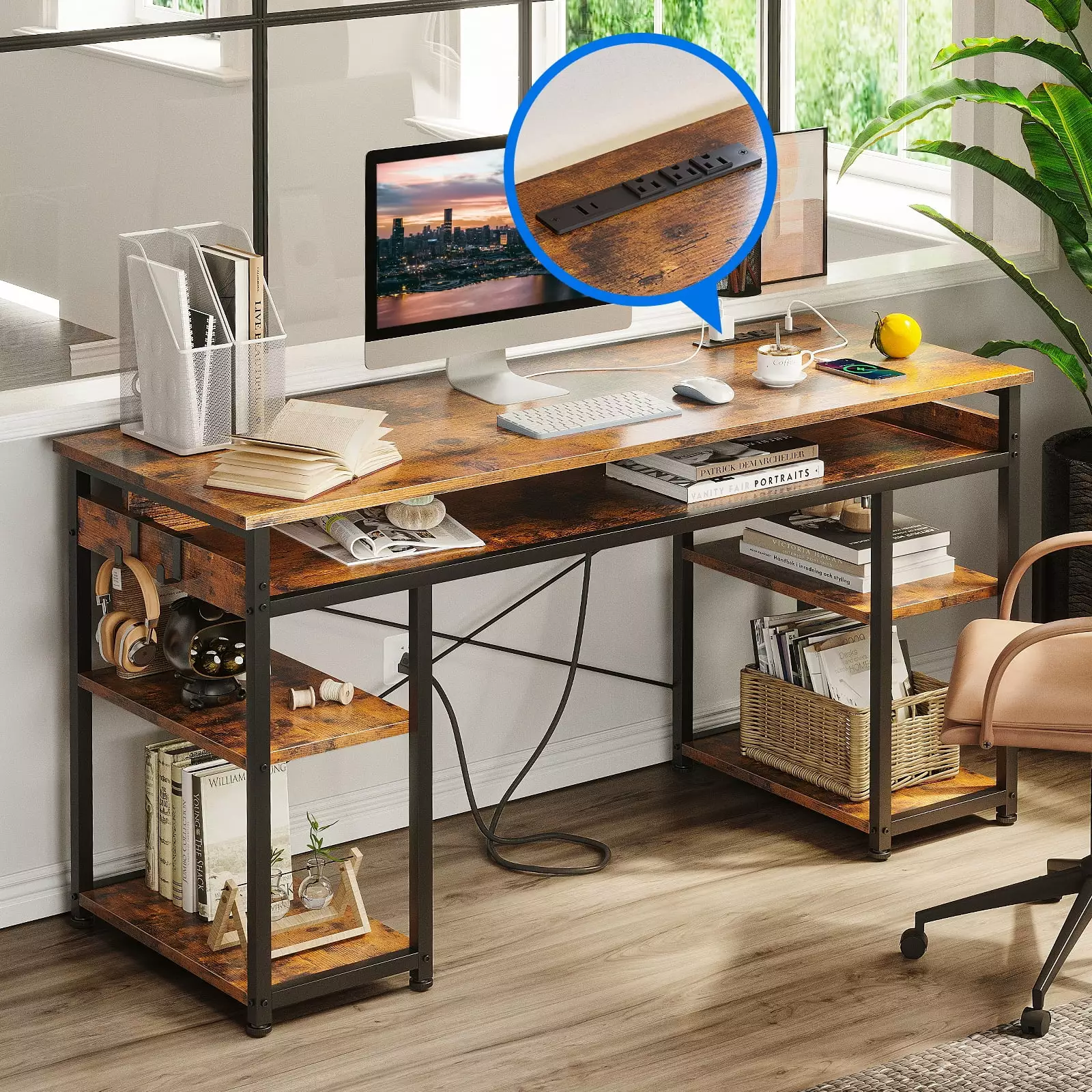48 inch Simple Design Computer Desk Charging Station Modern Office Desk Shelves Vintage KKL
