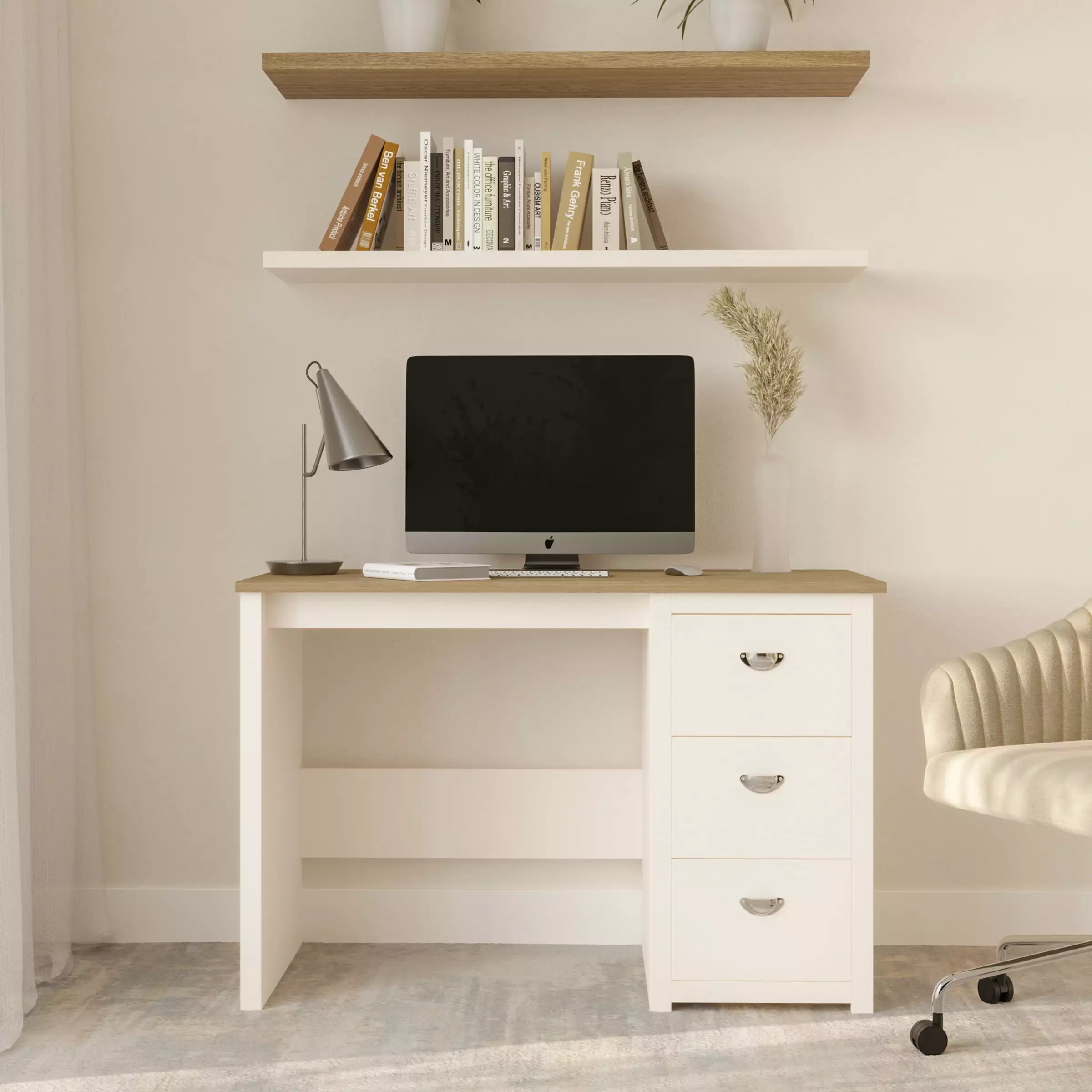 Lavish Home Computer Desk Attached 3-Drawer File Cabinet White Finish Office Workstation