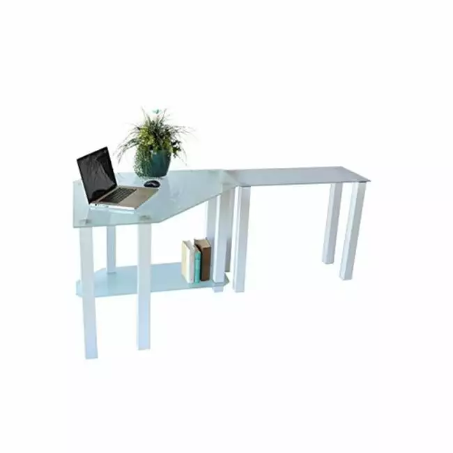RTA Home & Office Frosted Tempered Glass Gloss White Corner Computer Desk Modular Right Extension Table - Modern Workstati...