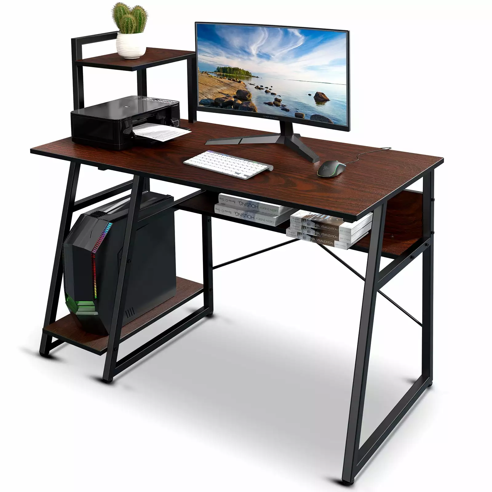 MASTLU Computer Desk Storage Shelves Modern Brown Study Writing Table Home Office