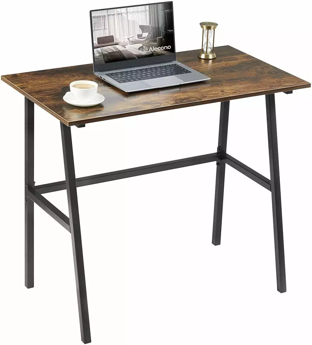 Modern Small Computer Desk Rustic Brown Metal Frame Space Saving Home Office Desk Mattress Furniture Supply LLC