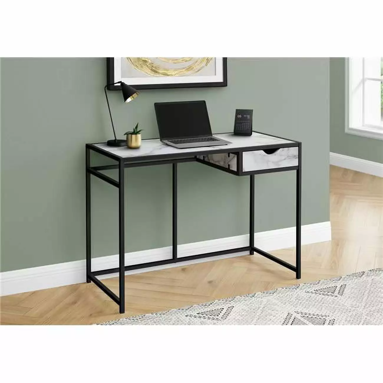 Monarch Specialties 42 Inch Metal Computer Desk White Marble-Look Top and Black Frame
